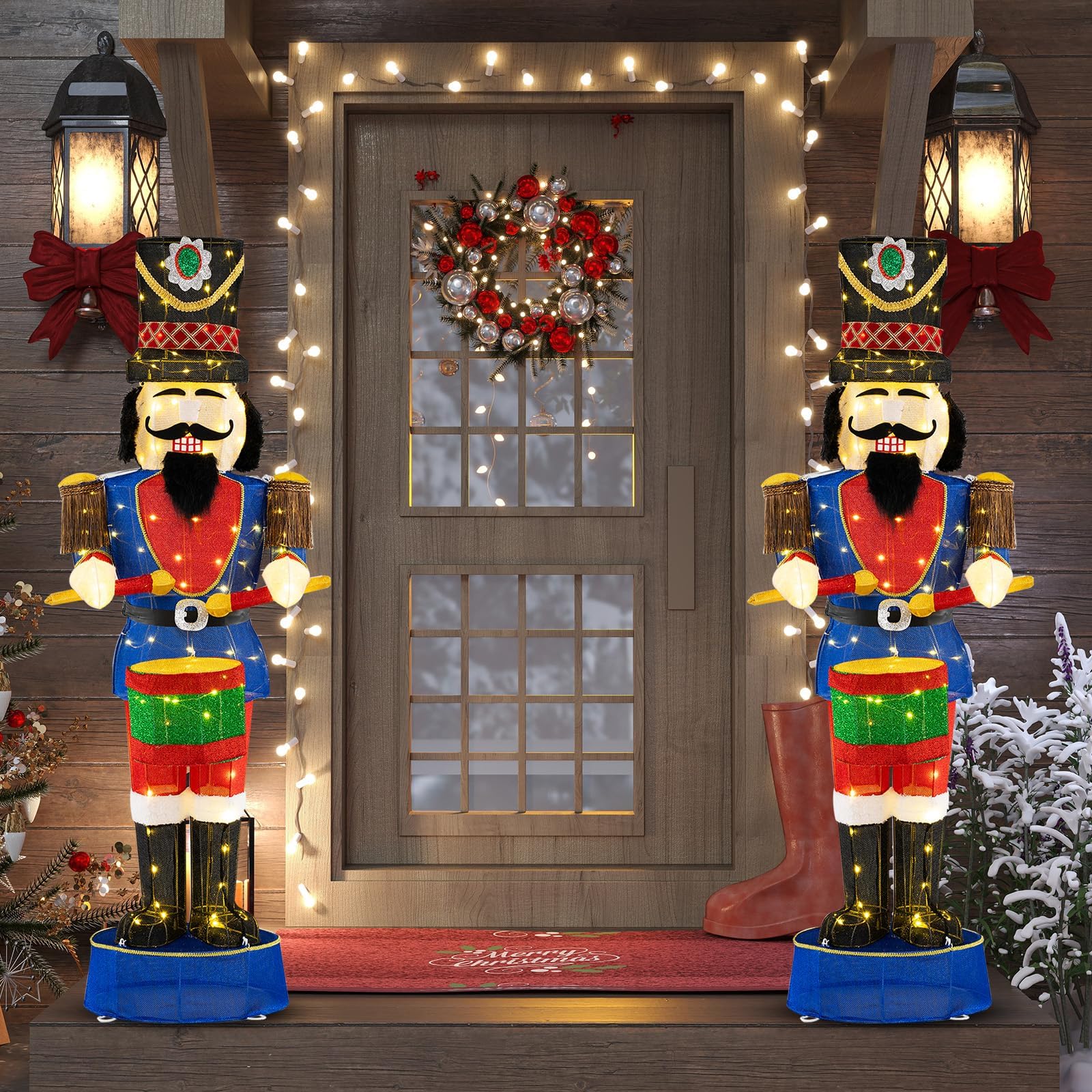 COSTWAY Weihnachten Nussknacker Figur groß, 185 cm beleuchtete Weihnachtsdeko XXL, Weihnachtsfigur mit Trommel & 100 LED-Lichtern, Weihnachtsdekoration, Weihnachtsbeleuchtung für außen und innen