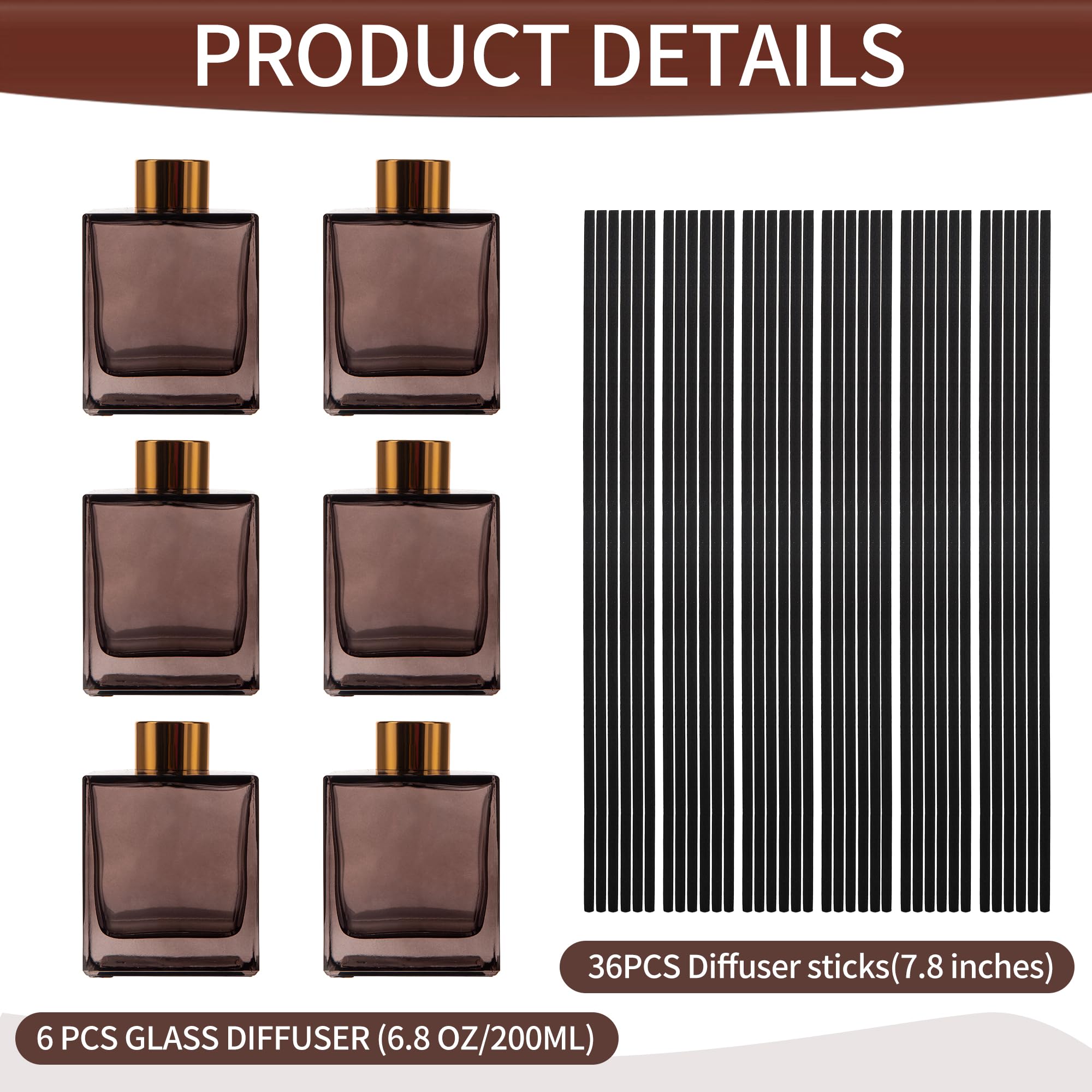 6 Pack Perfume Reed Diffuser Bottle,Empty Square Essential Oil Bottles Glass Jar with Black Sticks for DIY Fragrance Replacement Diffuser Sets (200ml/6.7oz, Brown Color)