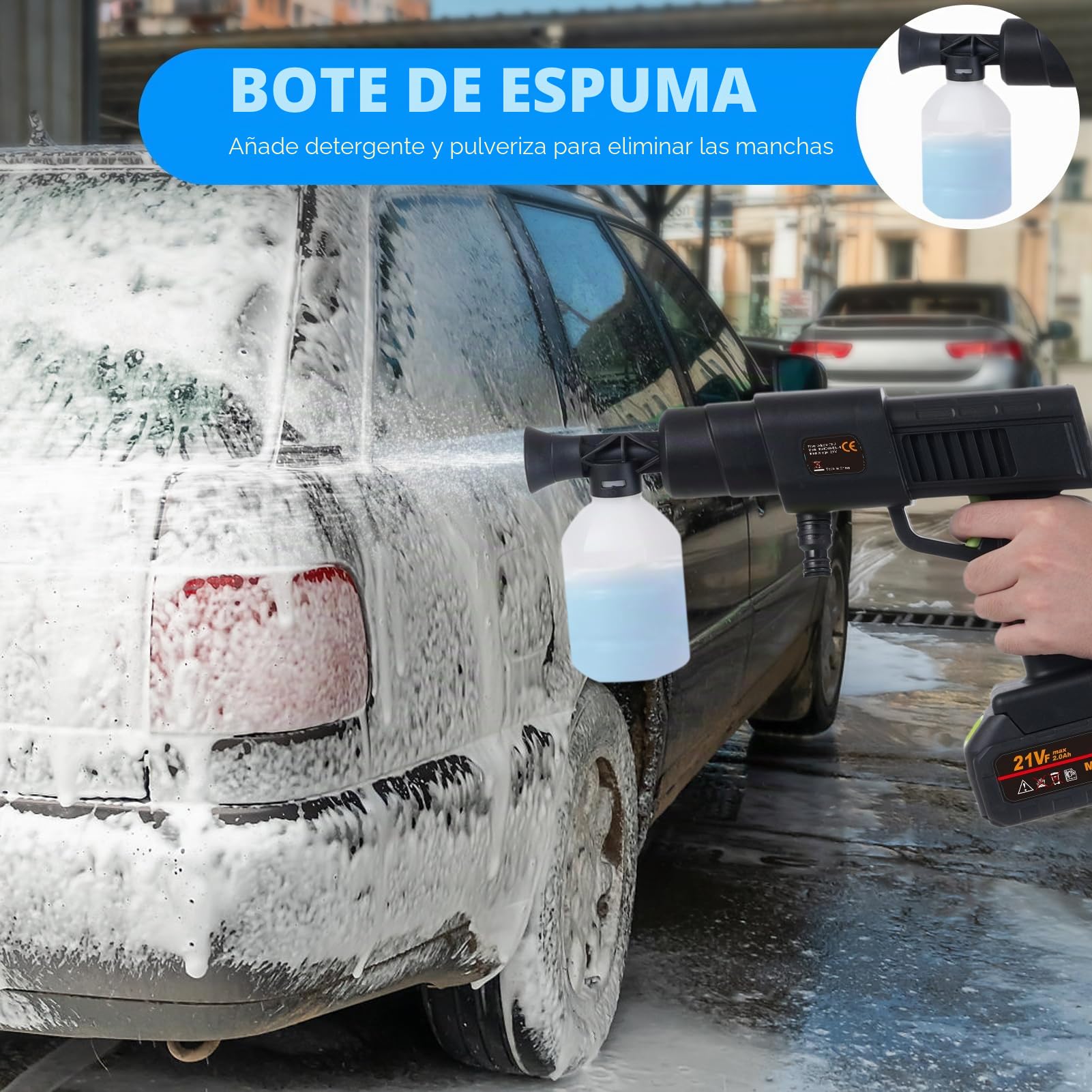 Shkalacar 21 V limpiador de alta presión con batería, pistola de limpieza a presión manual con 1 batería, batería incluida, con boquilla 6-en-1, rociador de espuma portátil para regar, limpiar, lavar