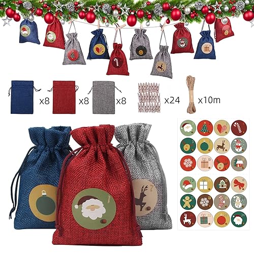Advent Calendar Bag, Empty Advent Calendar to Fill Yourself, 24pcs DIY Reusable Fabric Drawstring Bags with Wooden Clips,Hemp Rope and Stickers, Make Your Own Countdown Christmas Decorations Gift