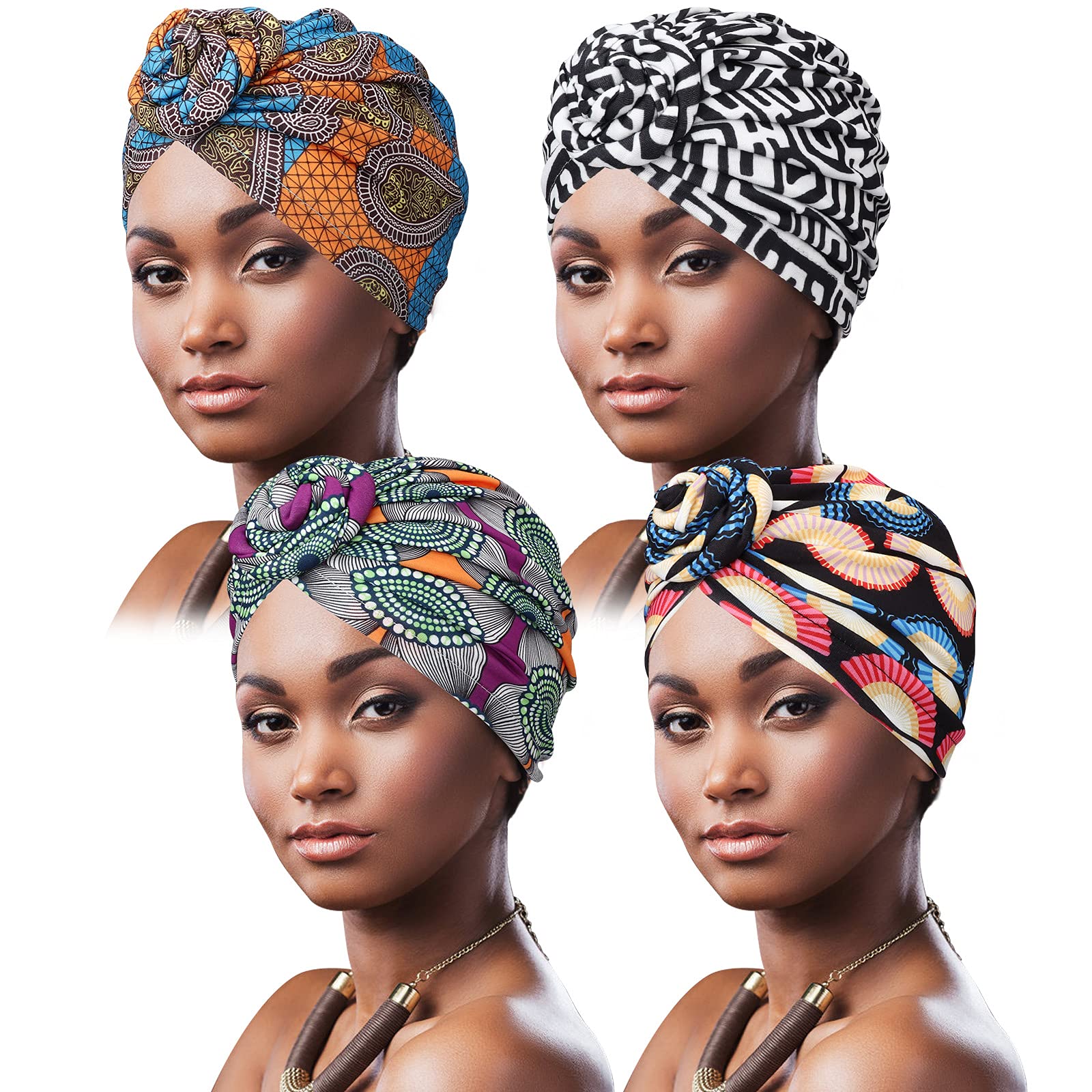 DRESHOW 4 Piezas Africano Turbante para Mujer Gorro de Nudo Pre Atado Suave Pañuelo de Cabeza Plisada de Moda Gorra de Dormi