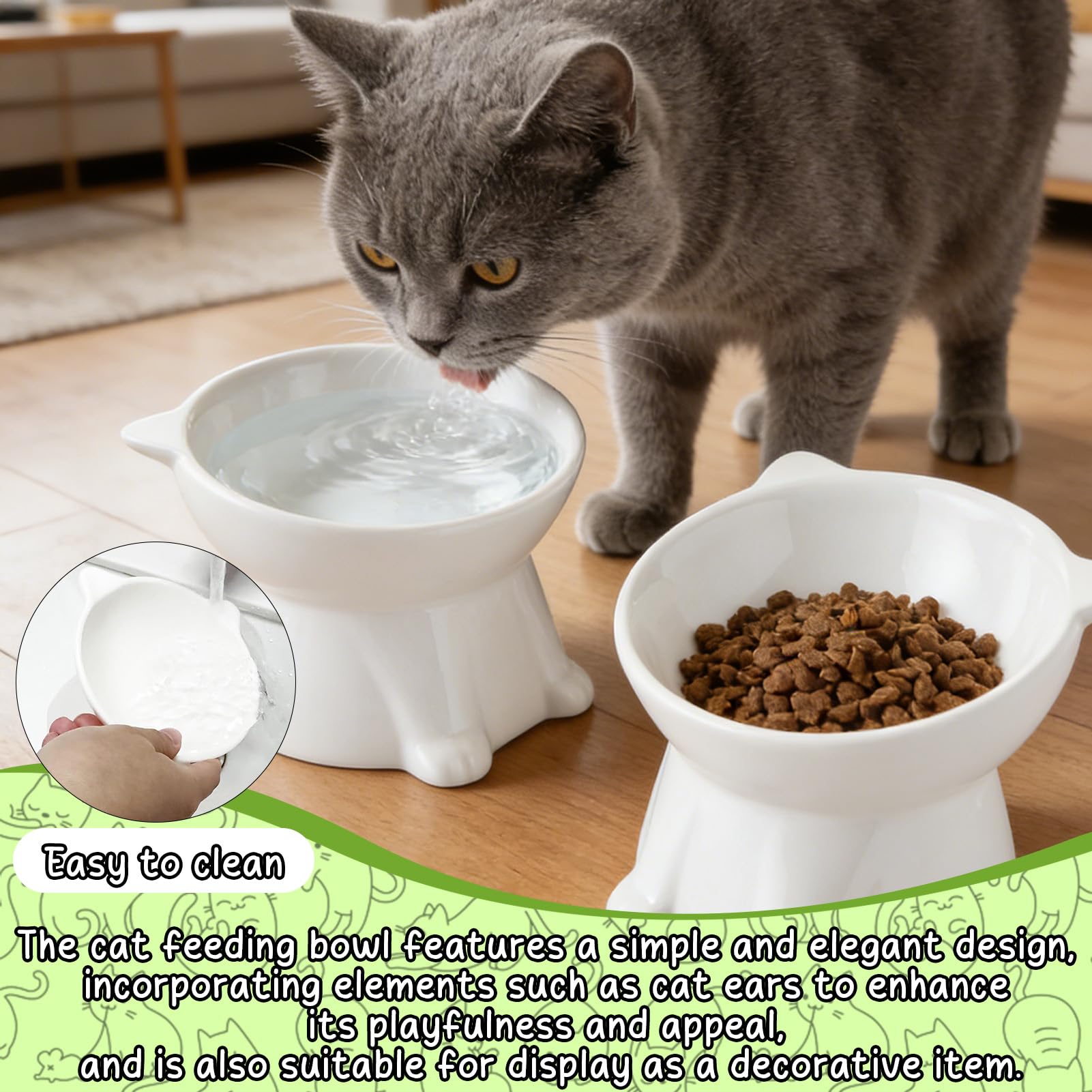 2 Pezzi Ciotole per Gatti Rialzate e Inclinate, Ciotola Acqua Gatto Inclinata di 15°,facile da Pulire,Base Stabile, Adatta a Gatti e Cani di Piccola Taglia(Bianco)