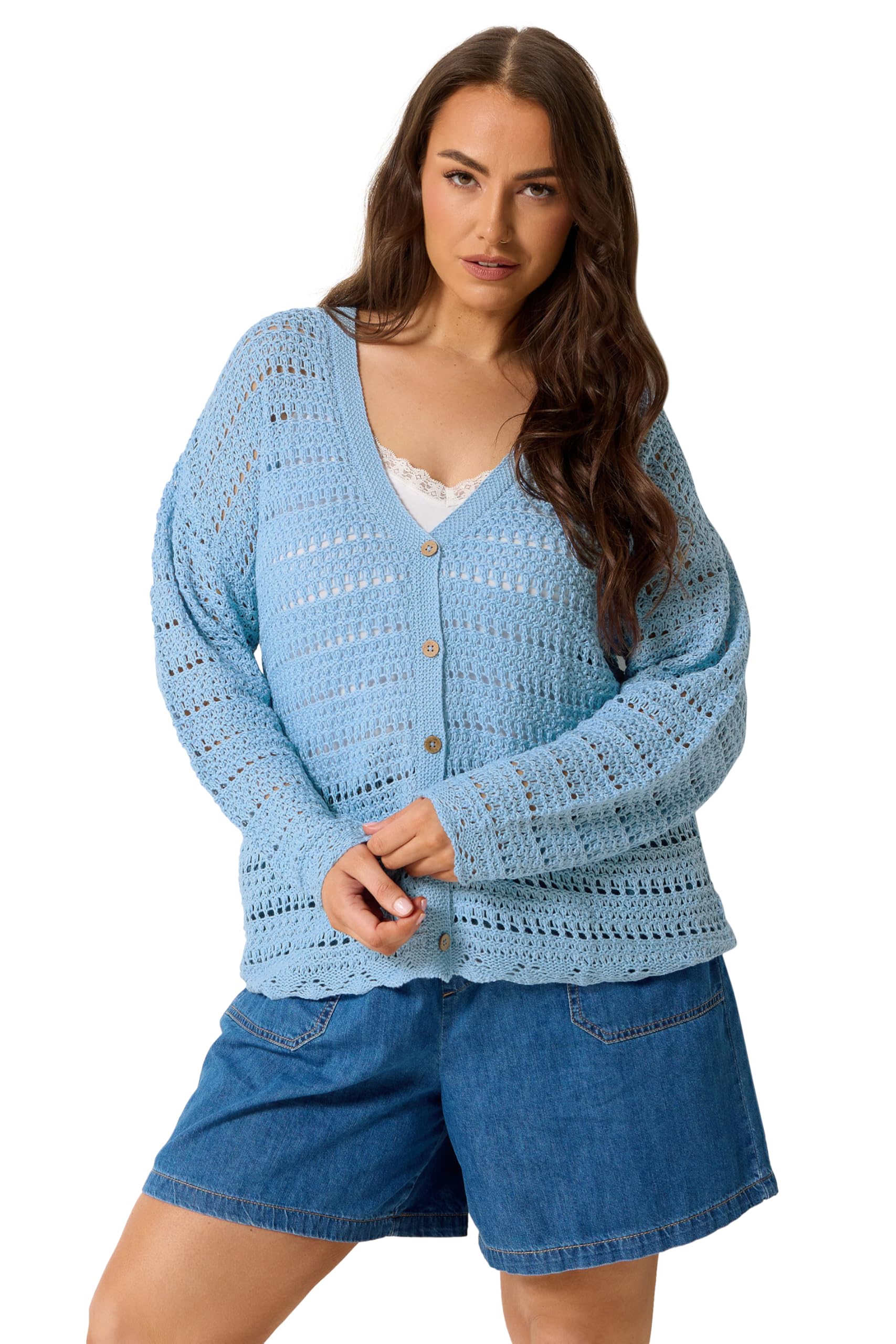 Yours Women's Pointelle Knit Cardigan Sweater in Light Blue | Size: 26-28