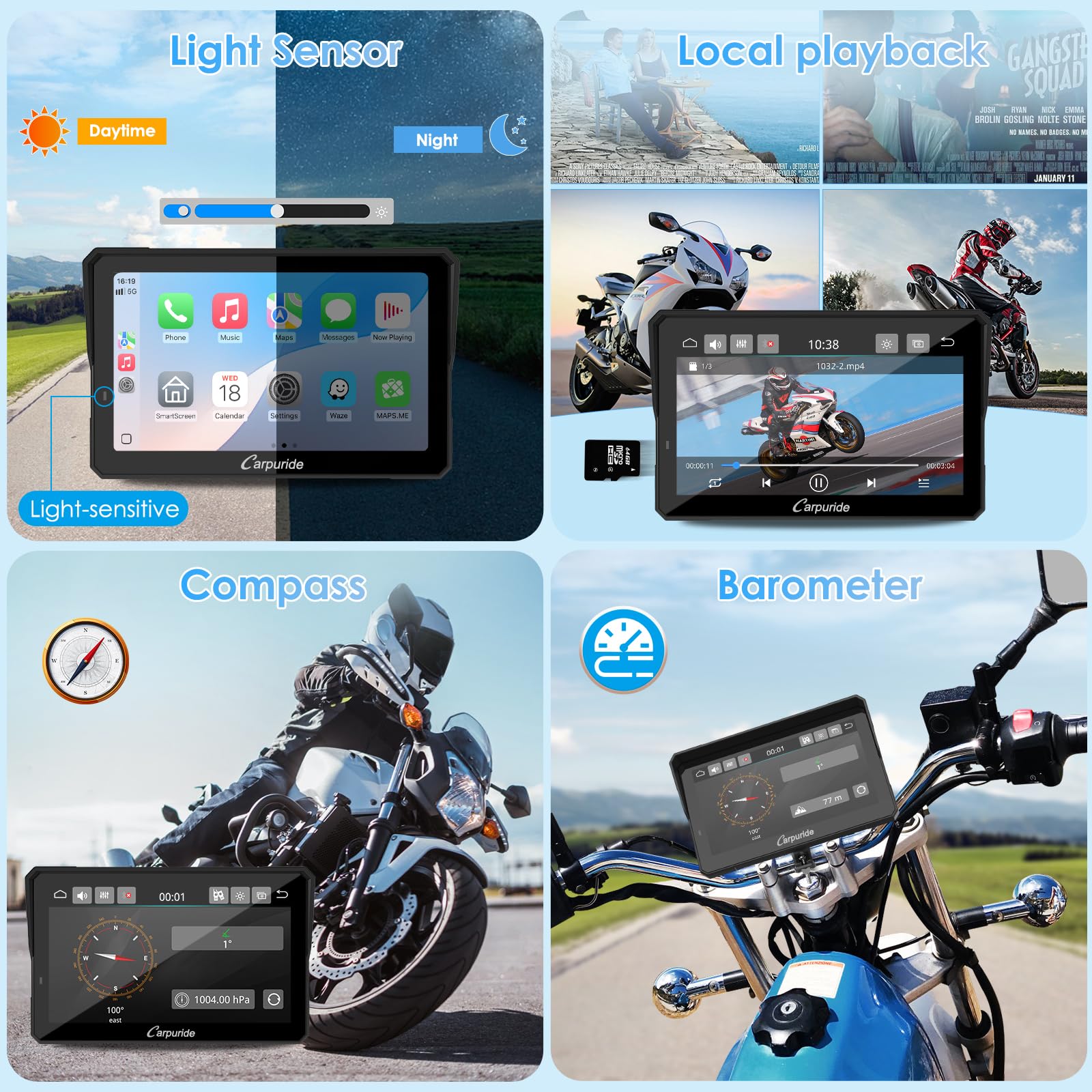 2025 Carpuride W702S PRO Motorcycle GPS Wireless Carplay/Android Auto, 7" Waterproof Motorbike Touch Screen, with BM05 Mount, Bluetooth Trans, Wired Controller, Navigation