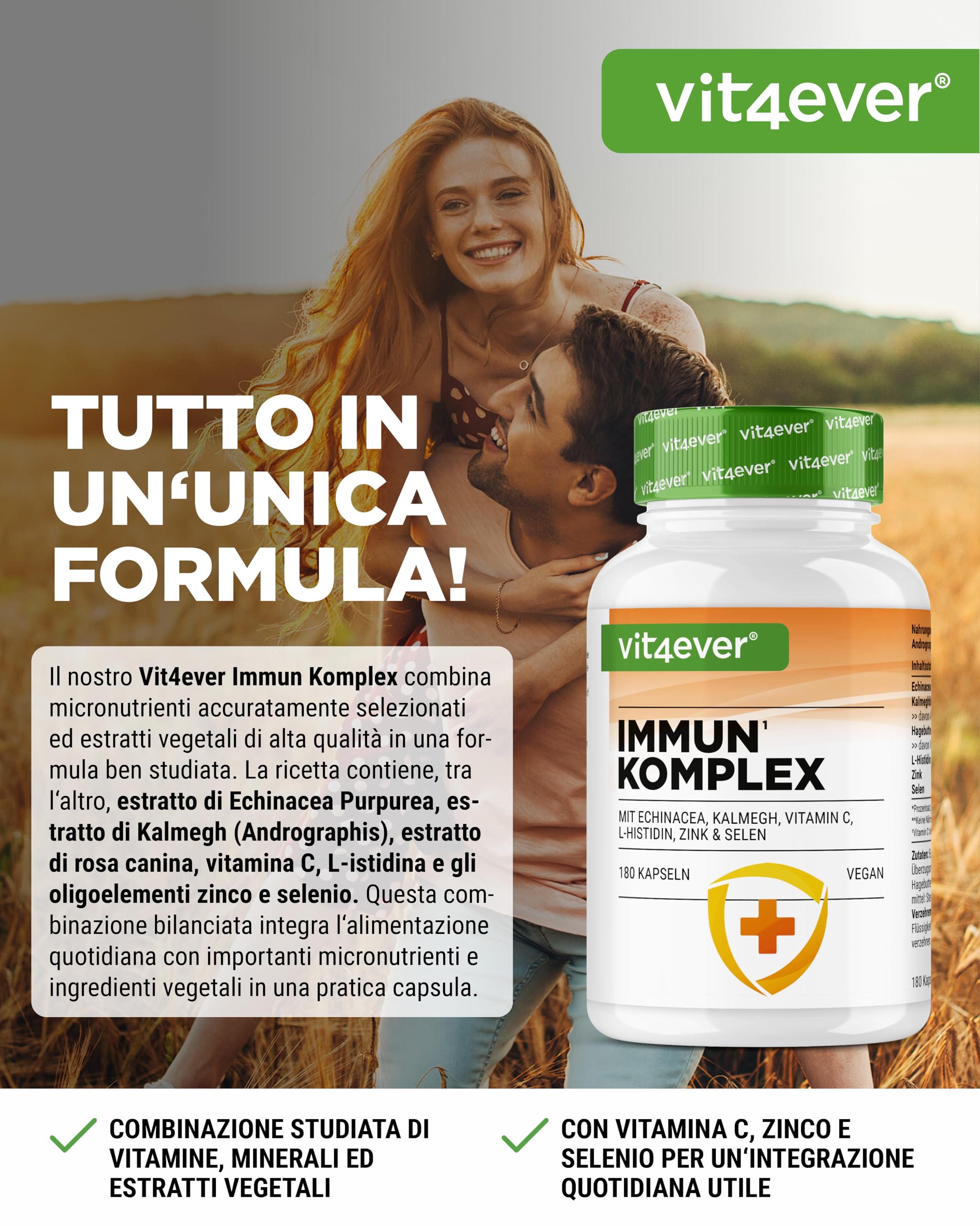 Sistema Immunitario Complex alto dosaggio - 180 Capsule per 90 giorni - 500 mg di Echinacea, Kalmegh, Rosa Canina, Vitamina C, L-Istidina, Zinco e Selenio - Vegano, senza additivi inutili