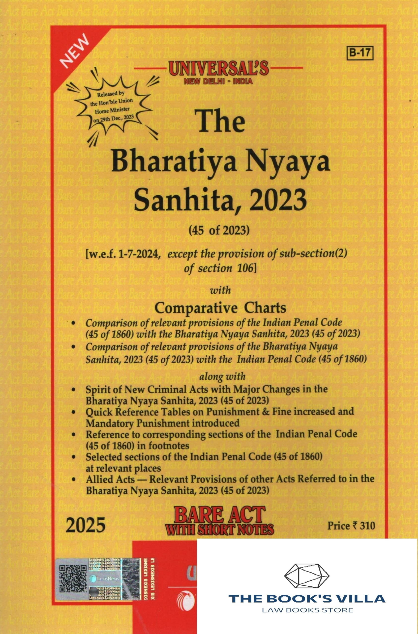 The Bharatiya Nyaya Sanhita (BNS) 2023 Bare Act 2024 EDITION Lexis Nexis (New Criminal Law)