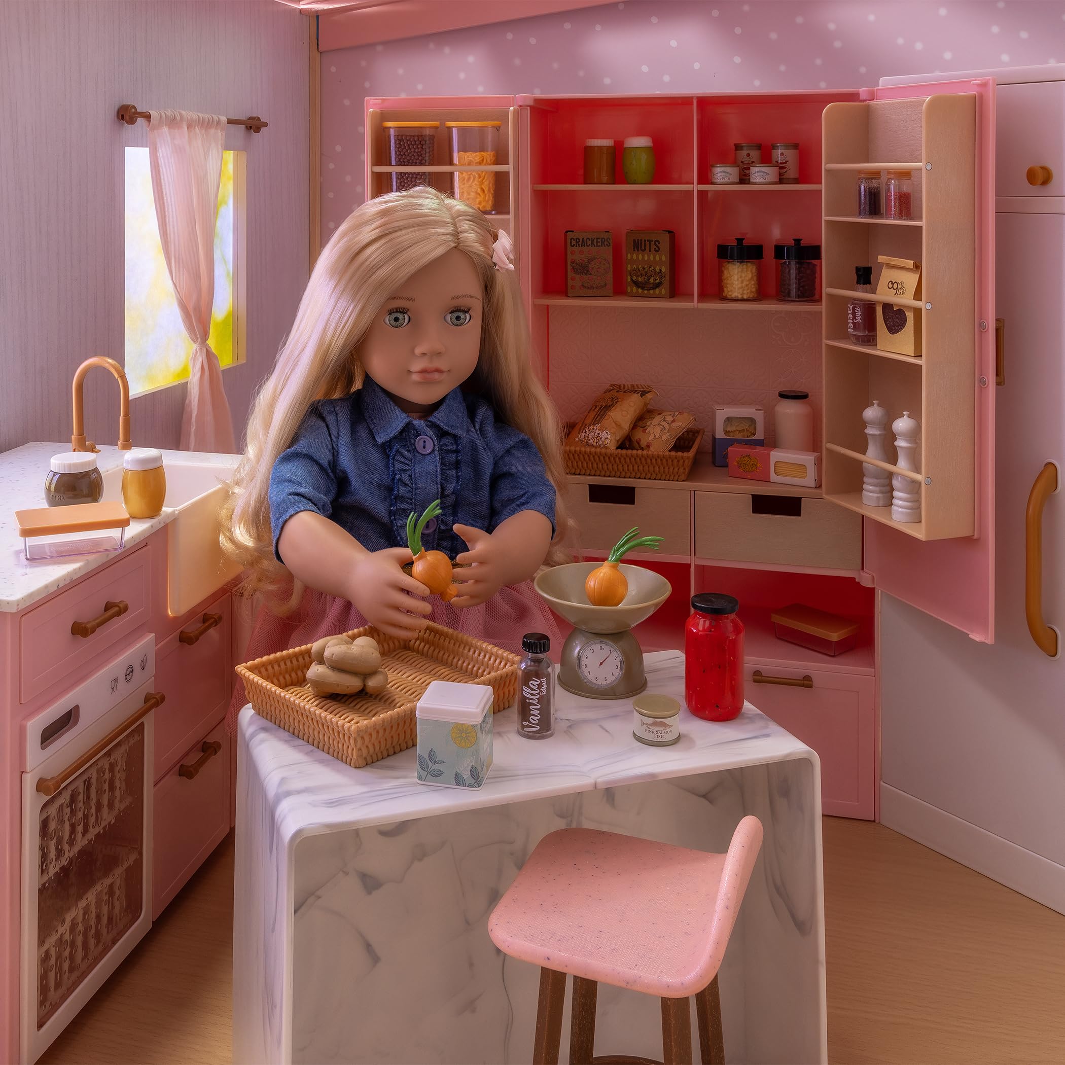 Our Generation - OG Cooking Island - Jeu de Cuisine et Lave-Vaisselle - Meubles de Maison de poupée et Aliments pour Jouets - Accessoires pour poupées de 46 cm - Jouer à Faire Semblant - 3 Ans et +
