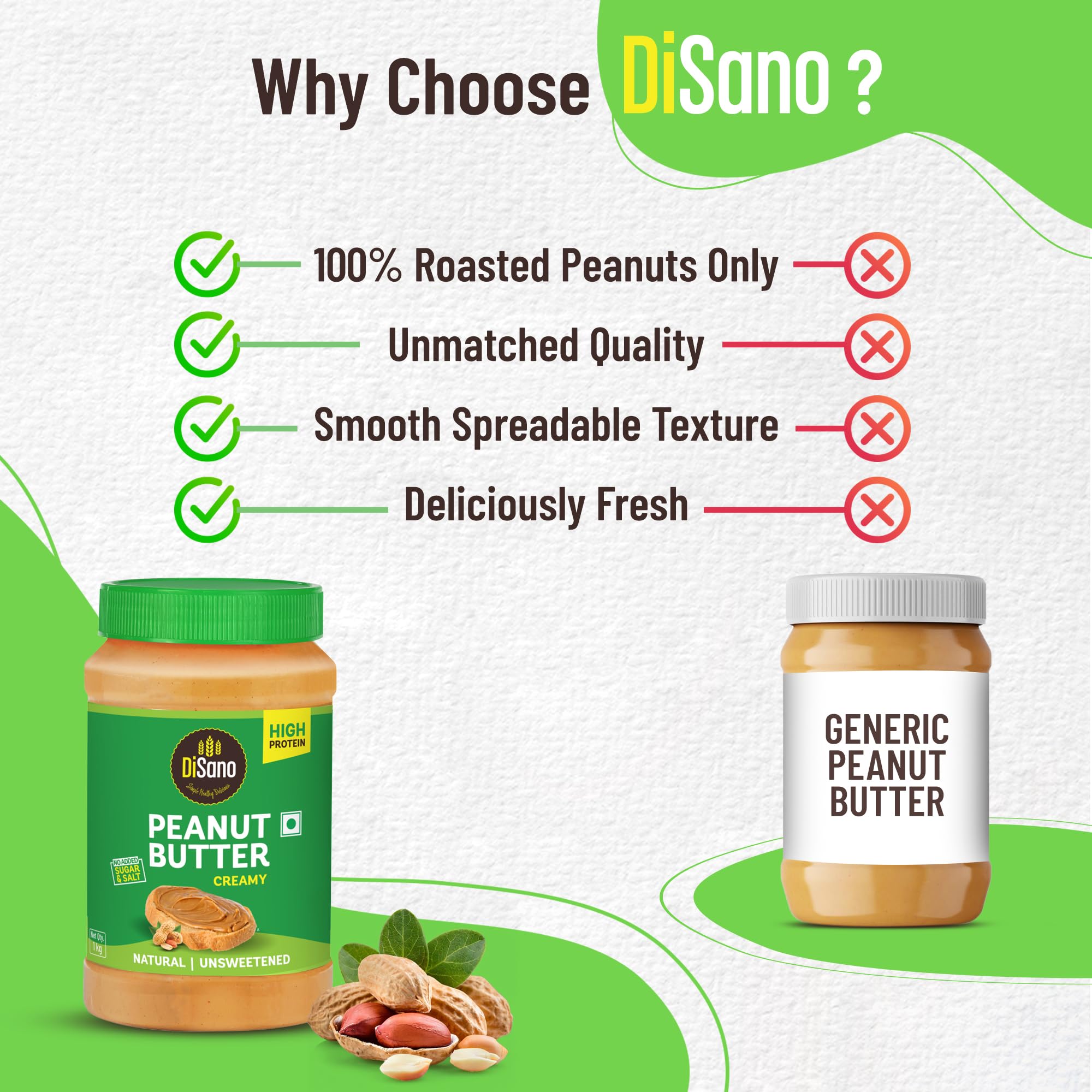 DiSano Natural Peanut Butter Creamy 1kg, Unsweetened, High Protein Peanut Butter with No Added Sugar or Salt, Nut Butter Spread, 100% Roasted Peanuts 1