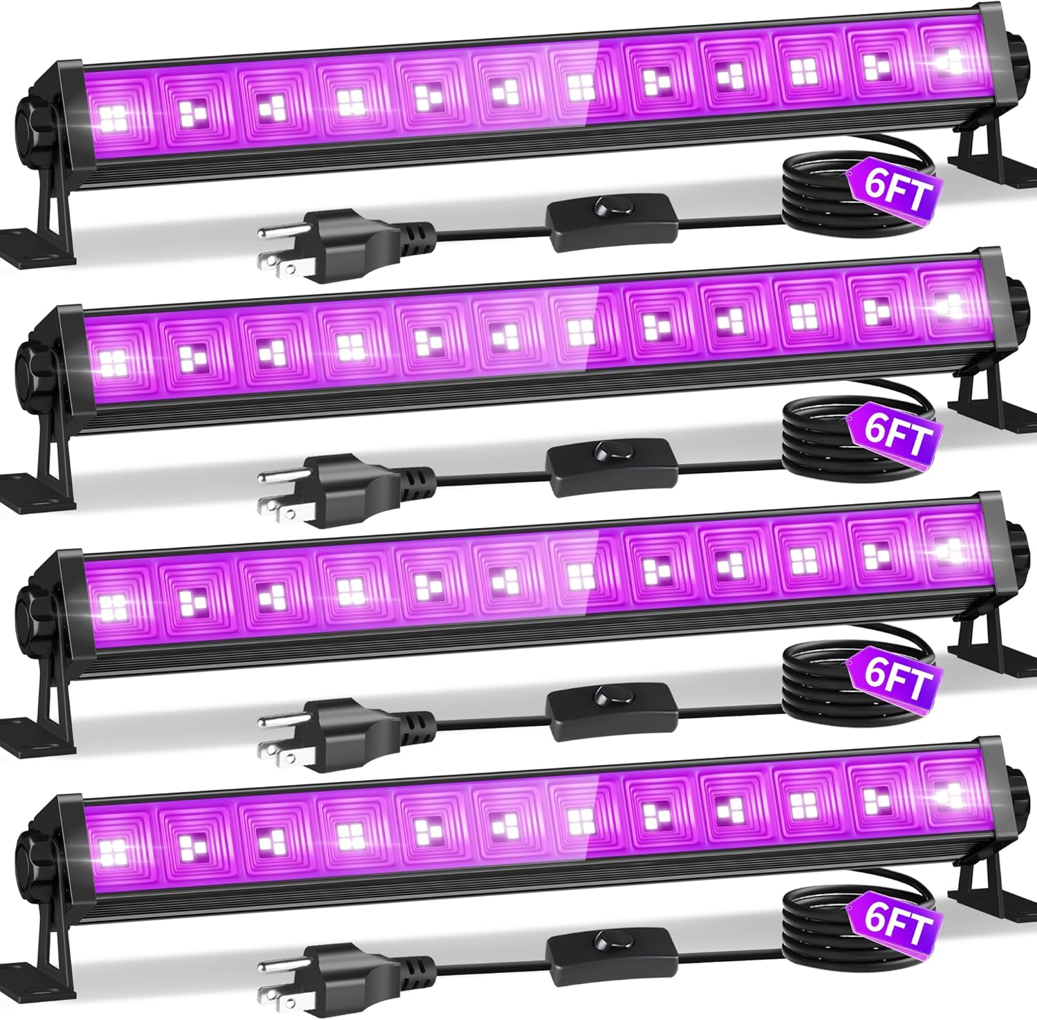 4 Pack 45W Black Light Bar with 6ft Cord+Switch, Each Light Up 25x25ft Area, LED Blacklight Flood Light for Neon Glow Party Body Paint Fluorescent Tapestry Poster Classroom Bedroom Halloween