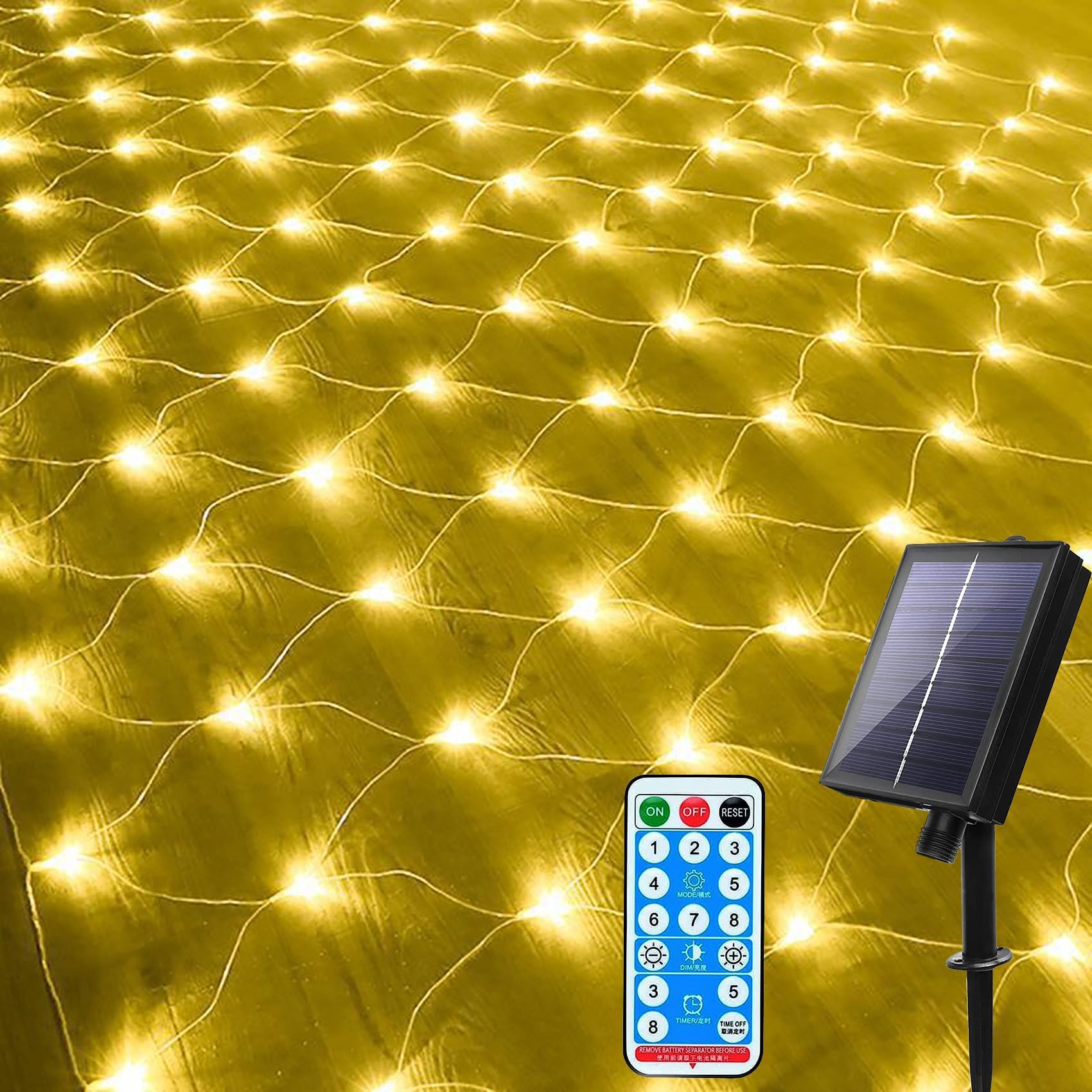 Luces solares de red para jardín con control remoto, guirnalda de luces de malla de 3 x 2 m, 192 LED, 8 modos de encendido y apagado automático (Blanco cálido)