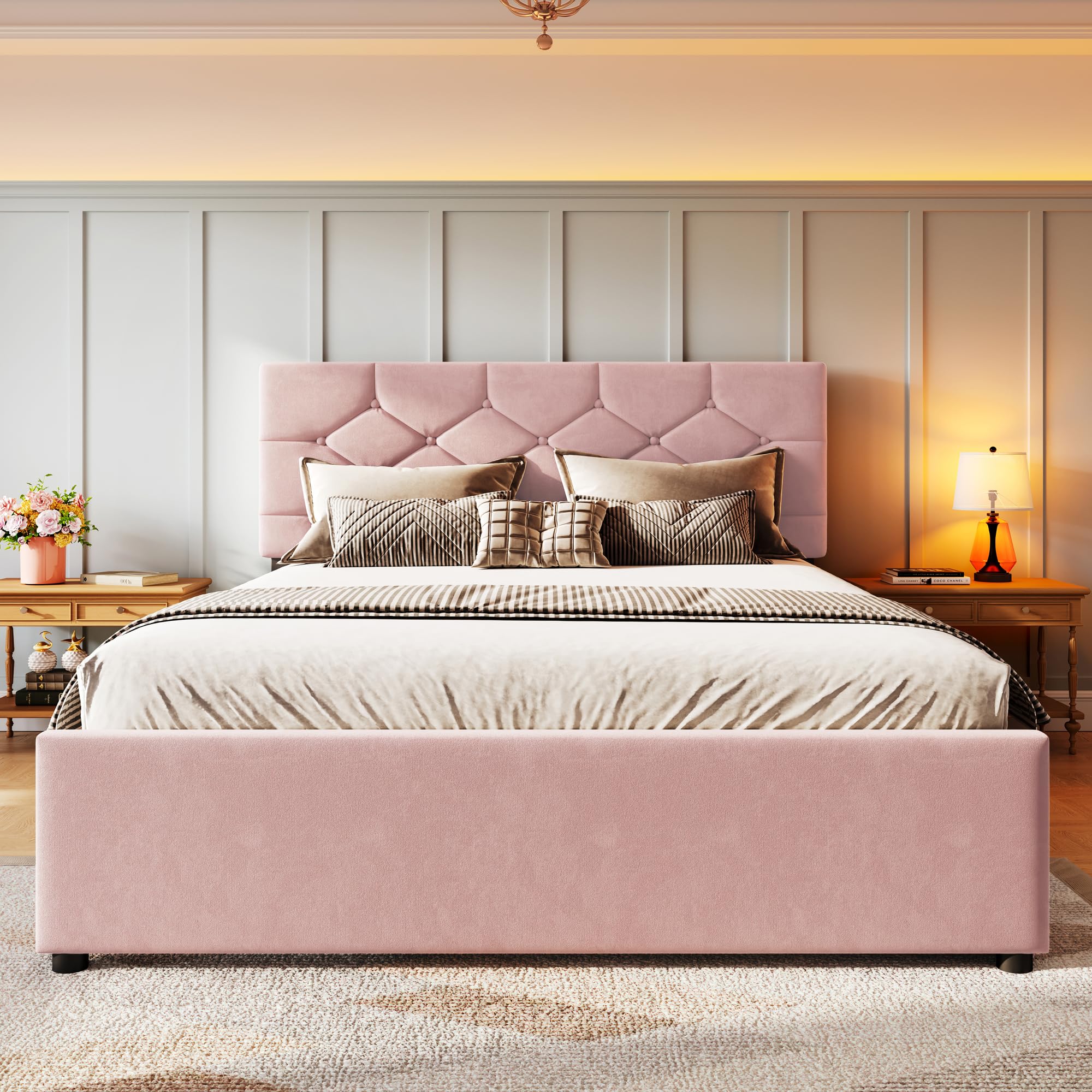 Soweiz Letto imbottito 140 x 200 cm, letto imbottito con letto estraibile, letto con rete a doghe (senza materasso), letto con contenitore arrotolabile, velluto, minimalista (rosa)