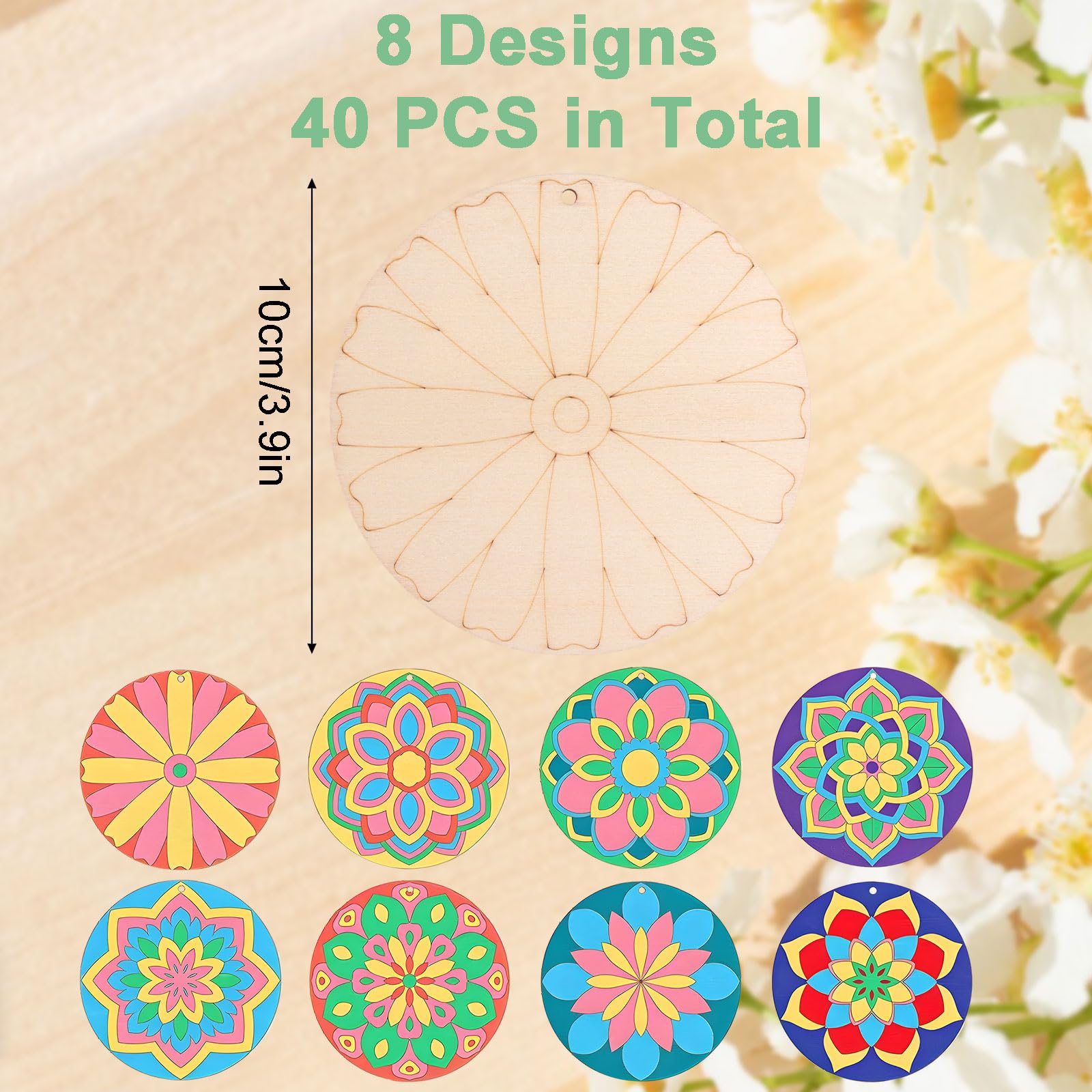 Ensemble de peinture mandala en bois, 40 pièces de découpes en bois brut à peindre, mandala, ornement mandala en bois pour adulte, pour se détendre, peinture, loisirs créatifs, décoration