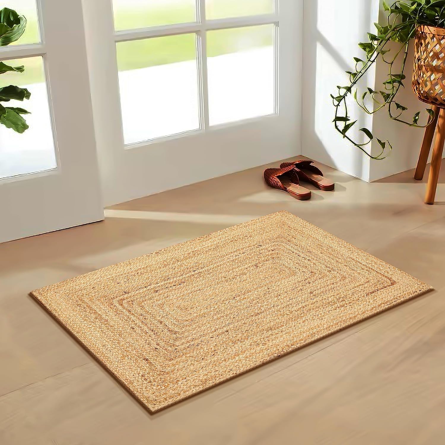 FRELISH DECOR Handwoven Jute Area Rug - 2x3 feet - Natural Yarn - Rustic Vintage Beige Braided Reversible Rug - Eco Friendly Rugs for Bedroom - Kitchen - Living Room - Farmhouse (2'x3') Natural 2' x 3' (Rectangular)