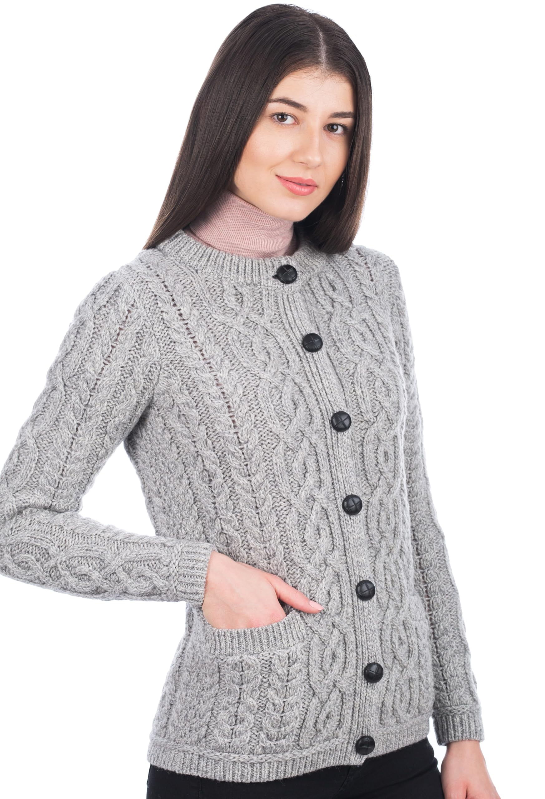 SAOL 100% Merino Wool Ladies Irish Buttons Knit Cardigan Lumber Jacket with Pockets