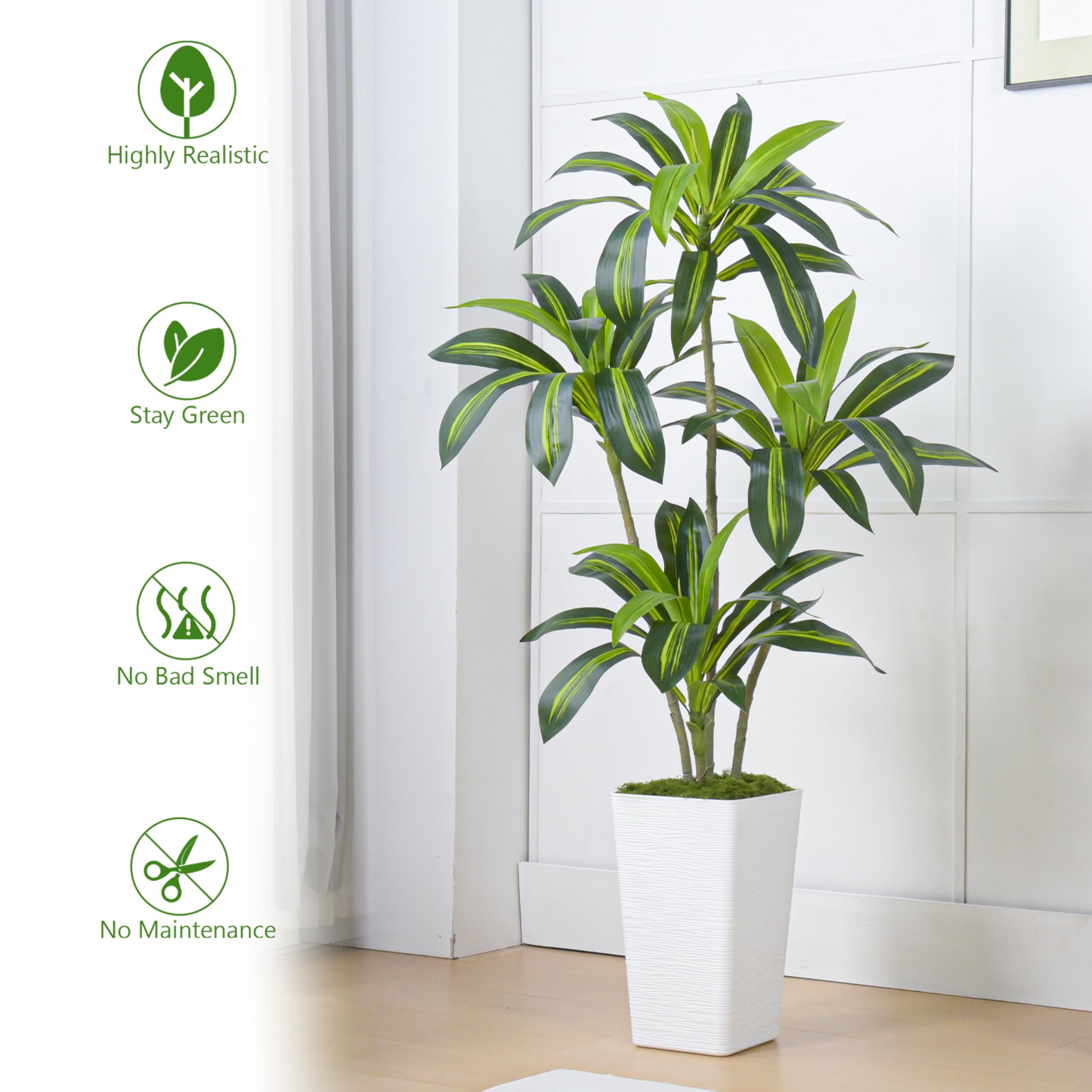 Artificial Dracaena Tree Artificial Silk Tree Faux Tree Fake Tropical Yucca Floor Plant with White Tall Planter (1, White Tall Planter, 5FT)