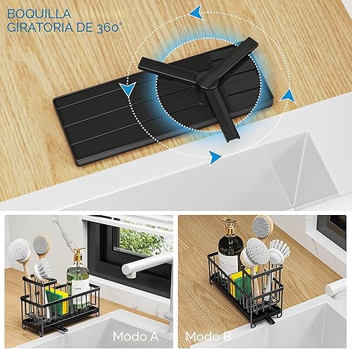 Miniatura 2 de Cisily Soporte de esponja negro para fregadero de cocina, organizador de caddy de fregadero con soporte alto para cepillo, organizadores de encimera