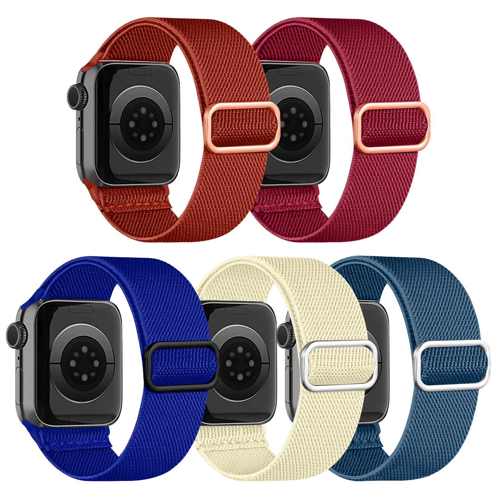 chinbersky 5 Pack Solo Loop Armband Kompatibel mit Apple Watch Armband 45mm 44mm 42mm 41mm 40mm 38mm,Verstellbares Dehnbare Nylon Sport Band für iWatch Ultra Series 11/10/9/8/7/6/5/4/3/2/1/SE