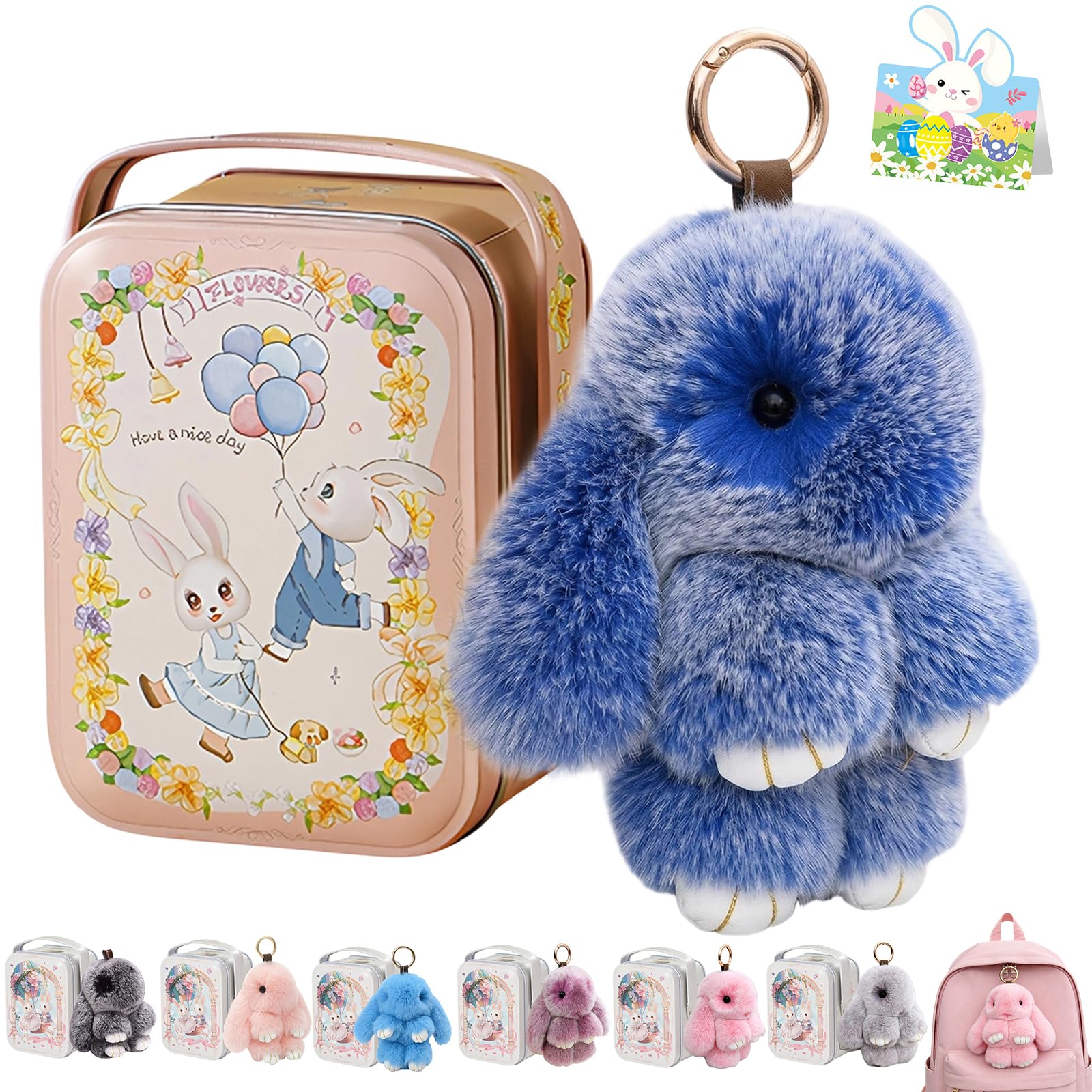 Bunny Lulu Keychain With Tin Box, Bunny Keychain Charm Bao Rabbit Pompom For Bags, Easter Girls Women Gift — view 28