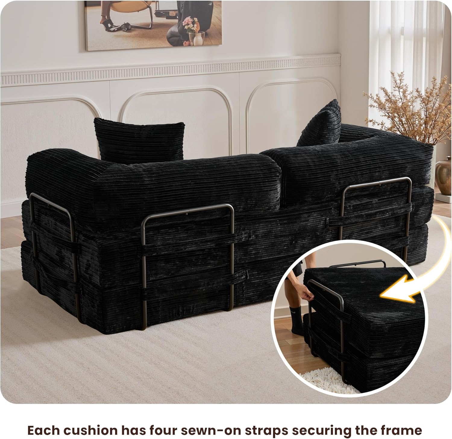 4-in-1 Convertible Sleeper Sofa Bed,80 Inch Corduroy Loveseat Sleeper with Pull Out Bed,Boneless Couch with Fixed-Shape Frame,Floor Sofa Modular Couch for Living Room Bedroom Lounge (Black)