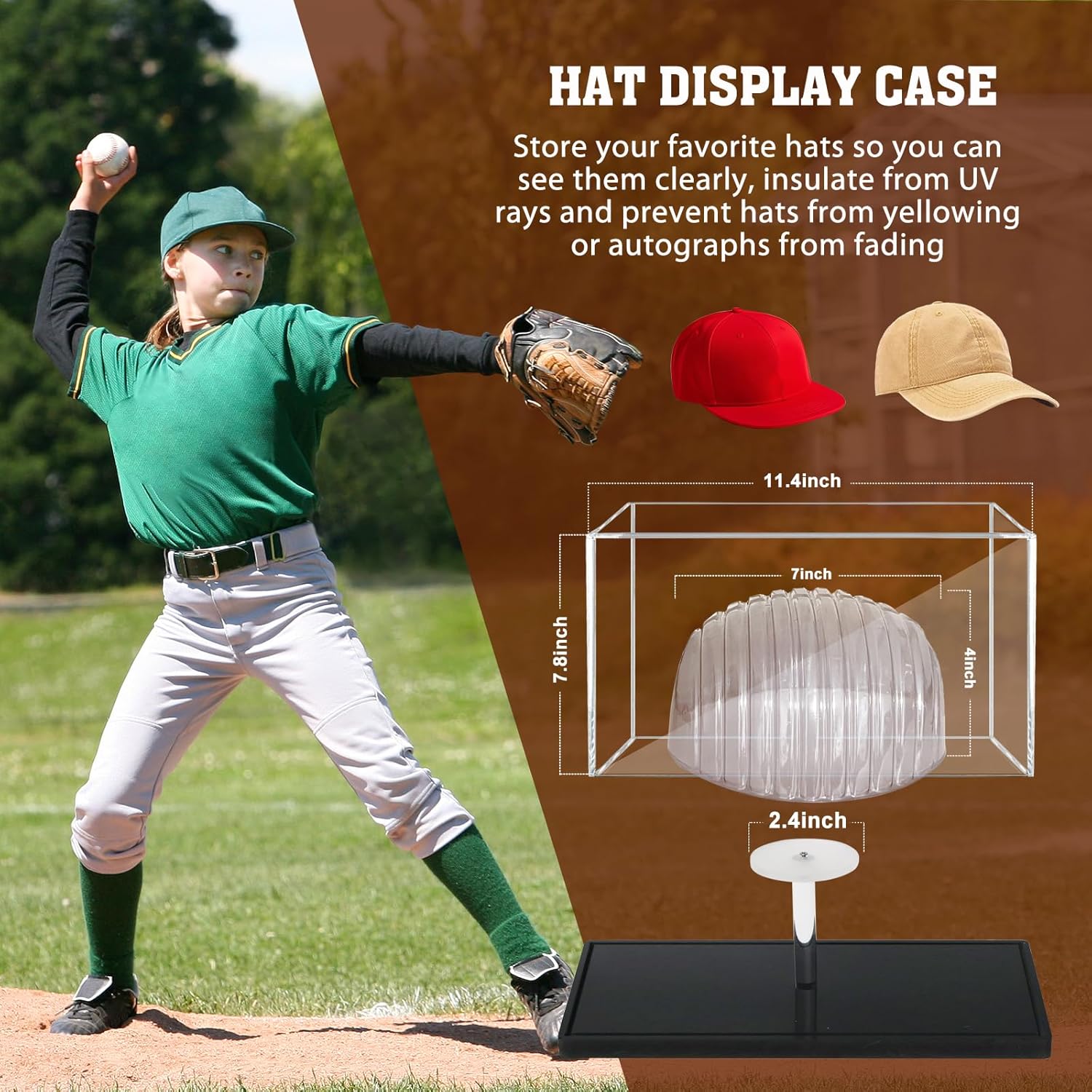 Hat Display Case, Clear Acrylic Baseball Cap Display Stand, UV Protection Hat Case Showcase with Hat Shaper for Collectors and Signed Memorabilia, No Assembly Required