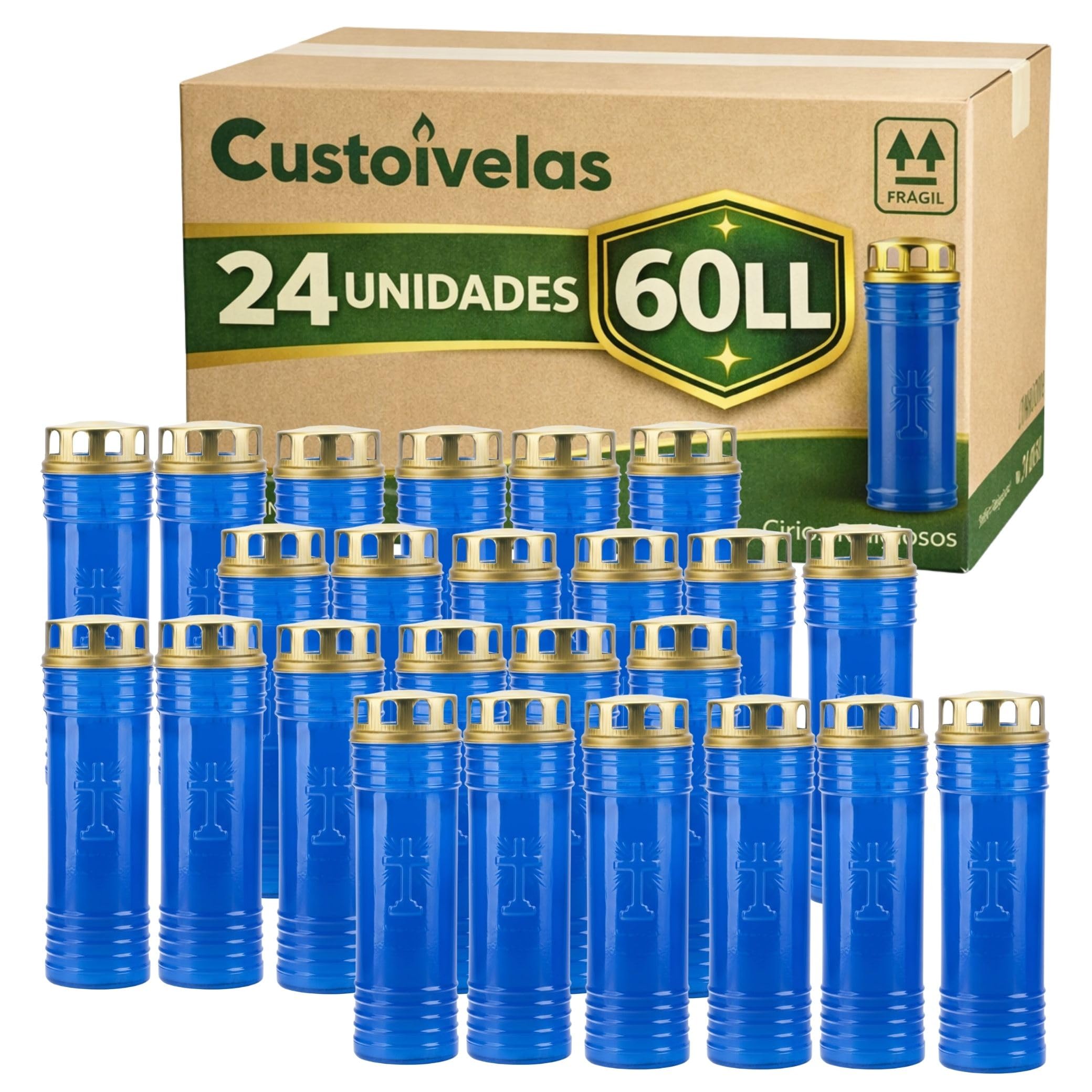Bougie Cierge avec Couvercle de Sécurité 60LL – 24,5 cm | Longue Durée pour Cimetière, Extérieur et Cérémonies | Flamme Stable avec Protection | Pack 24 Unités (24, Bleu)