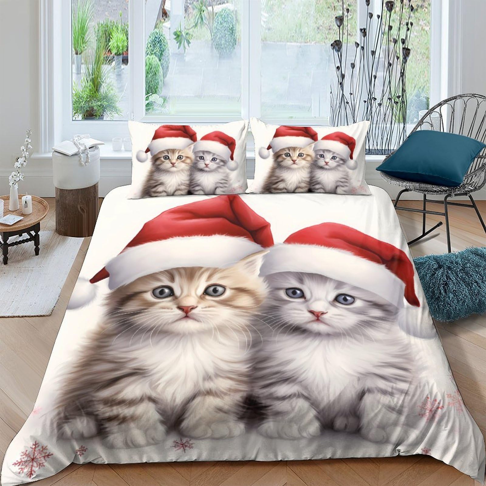 Ctjqhvkz Style-2 3D Printed Christmas Cat Fitted Sheet Microfiber Soft Non Slip Santa Hat Bed Cover For Bedroom Guest Room Decor Single（135X200cm）