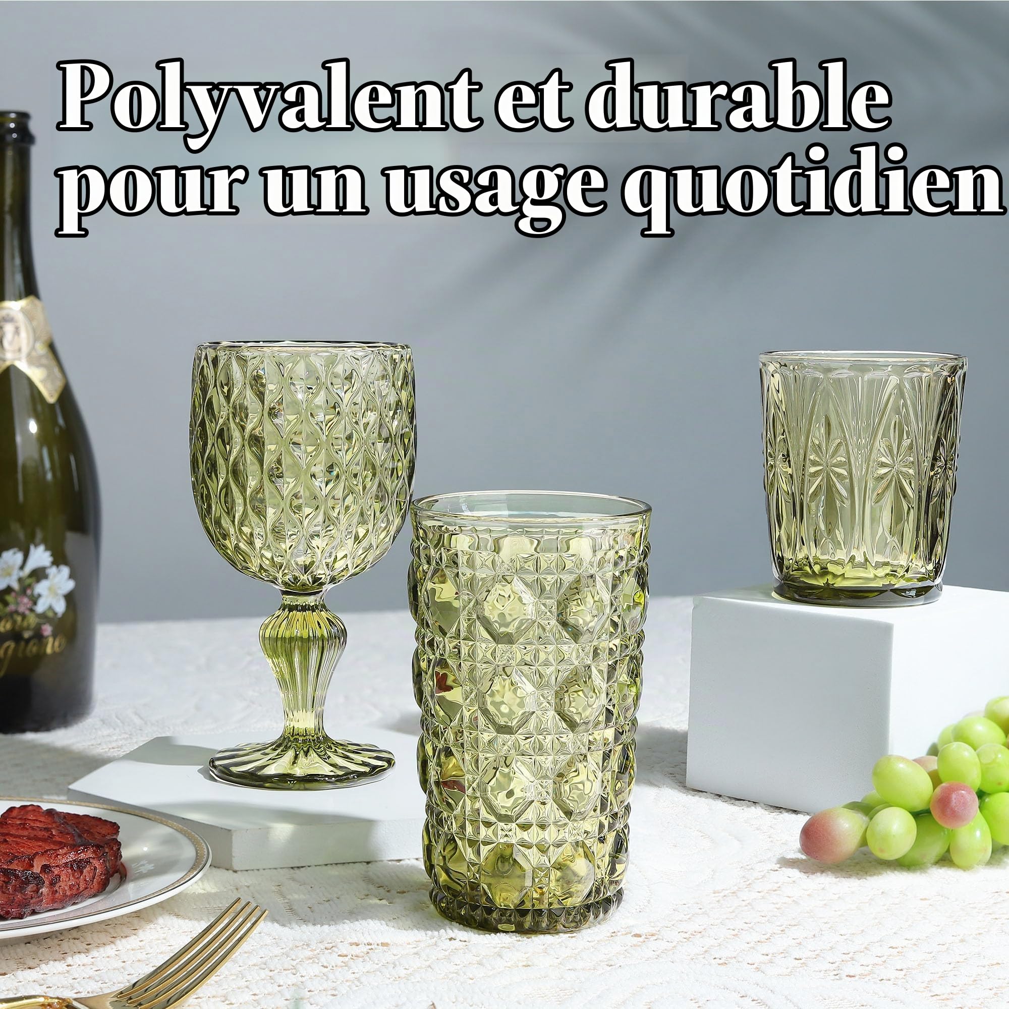 Joeyan Lot de 6 Verres à Eau Vert, 320ml Verres à Jus et Soda, Moderne Verres à Boire Décoré en Géométrique Relief, Verre de Table Pour Eau Gazeuse Orangeade Apéritif et Bière, Lavable Lave-Vaisselle | Verres à Jus et Soda, Moderne Verre de Table Décoré e