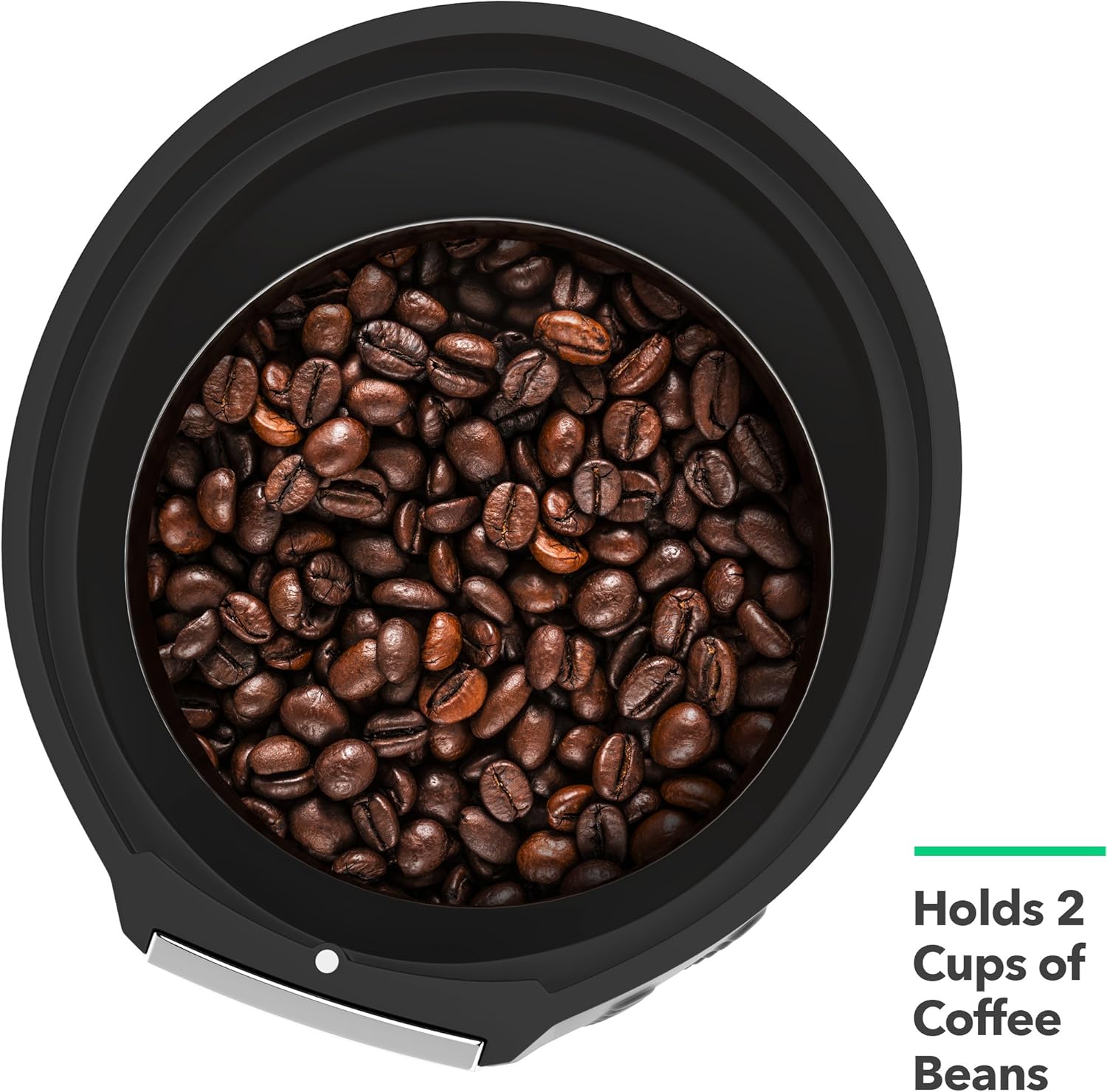 Top-down view of the Vremi Electric Coffee Grinder's chamber filled with whole coffee beans