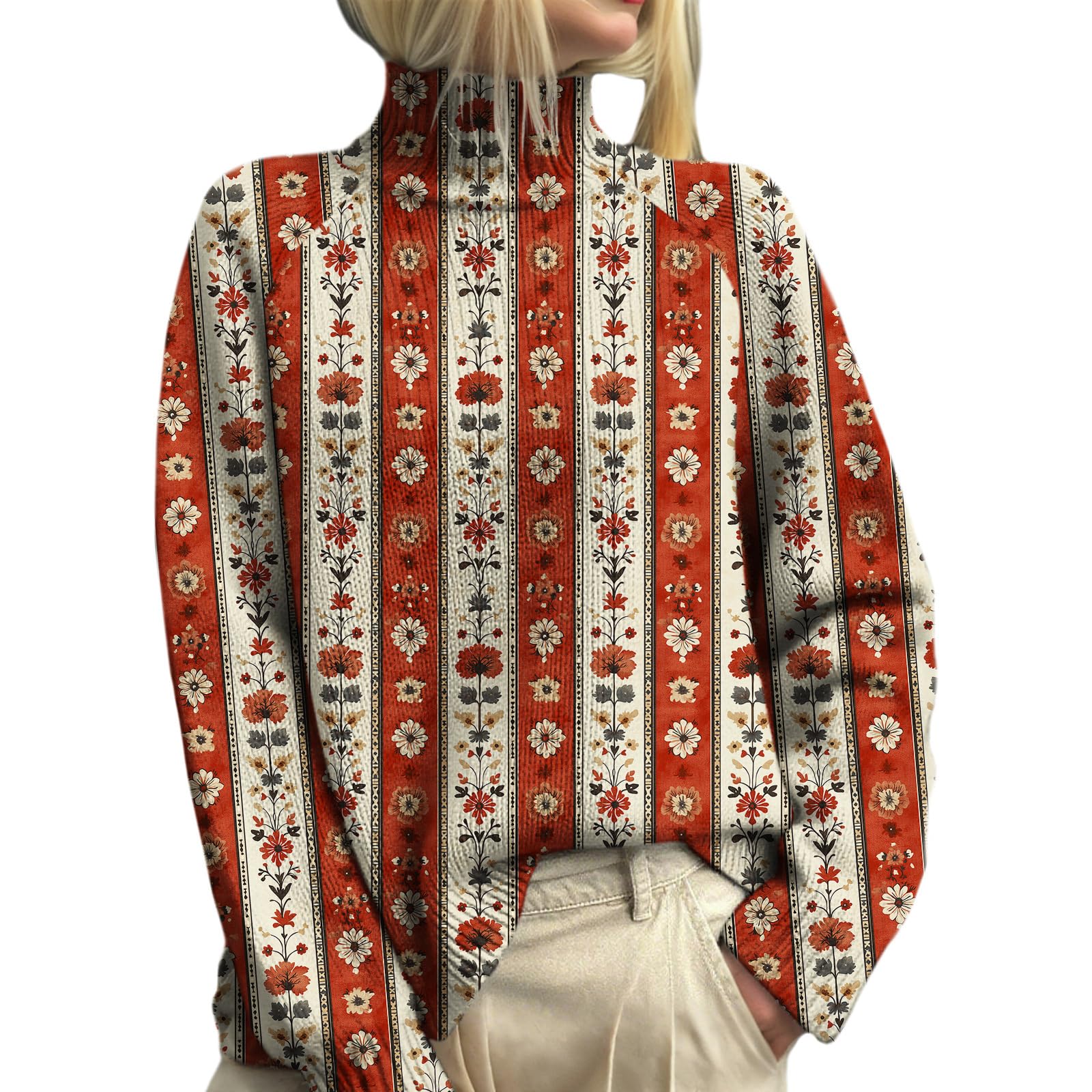 Womens Floral Print Turtleneck Sweaters Boho Vintage Fall Knit Jumper Tops Casual Loose Long Sleeve Pullover Sweater