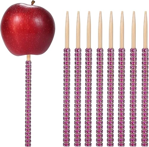 Miniatura 4 de Quotidian - Palitos de manzana de bambú con diamantes de imitación brillantes de 6 pulgadas para tartas, chocolate, caramelo, manzana, pinchos de