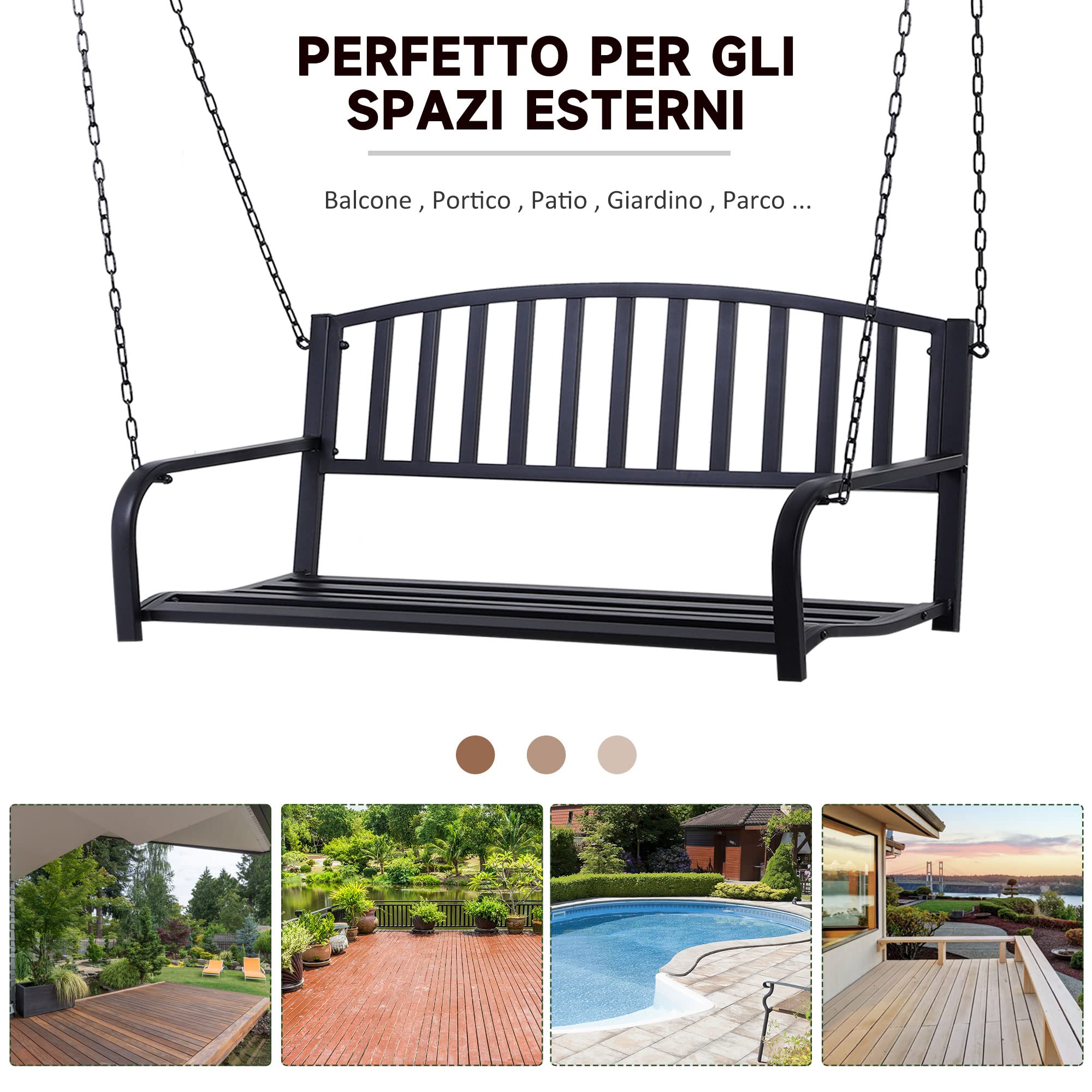 Outsunny Dondolo Sospeso da Giardino con 2 Posti, Romantica Panchina in Metallo Nero per Esterni, 127 x 60 x 47cm