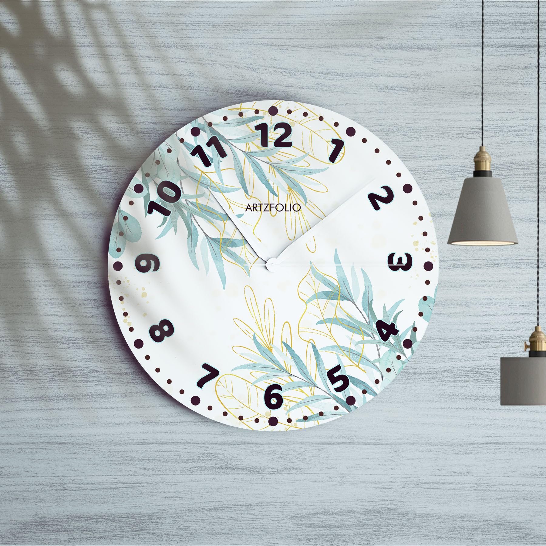 ArtzFolio Floral Leaves D3 | Quartz Round Wall Clock | Non-Ticking Silent Movement | Engineered Wood | for Home, Office, Bedroom | 10 inch (25 cms) Round