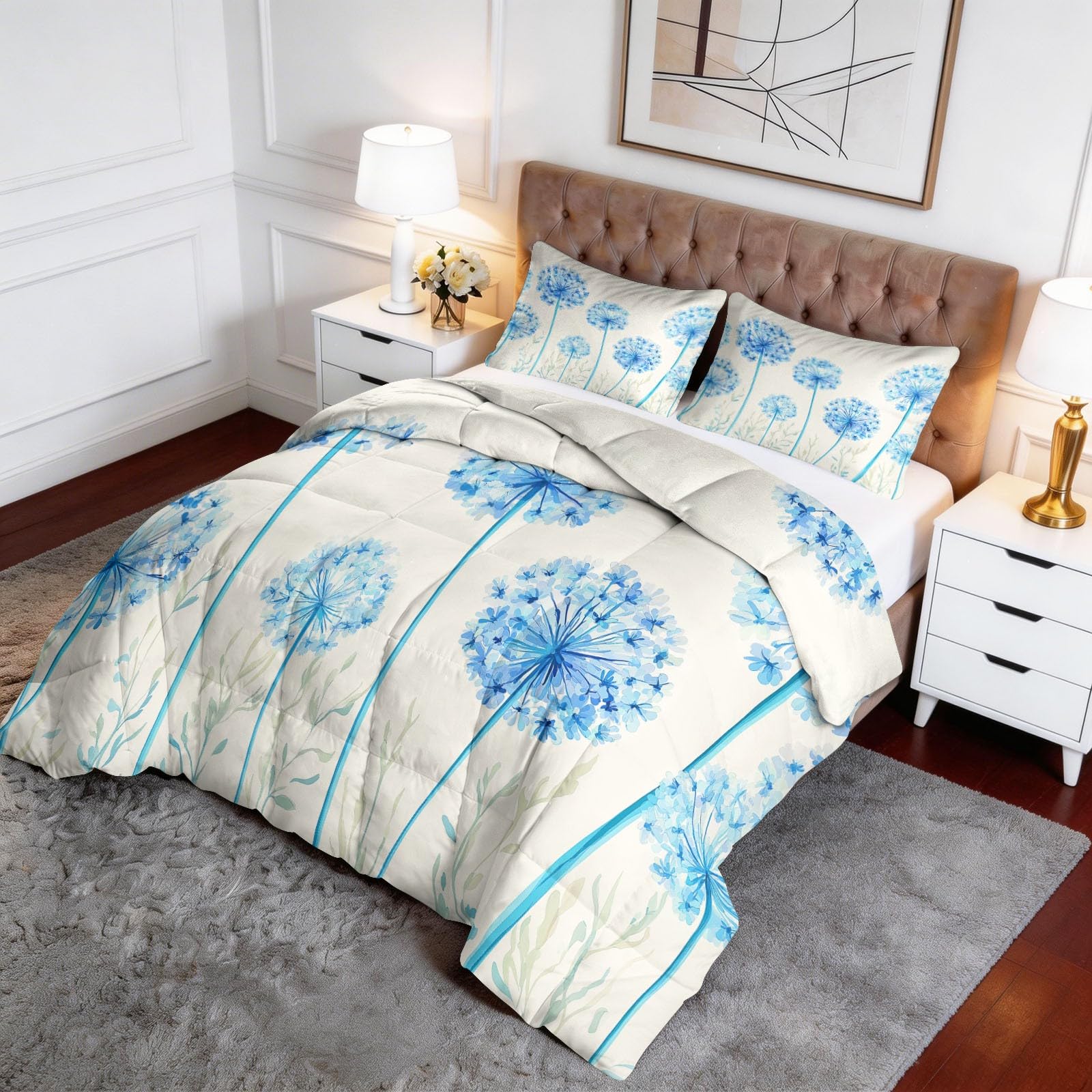 Edredón de 135 x 200 cm, diseño de plantas y flores, estampado 3D, color azul claro, para las 4 estaciones, edredón para todo el año, lavable, para niños y niños