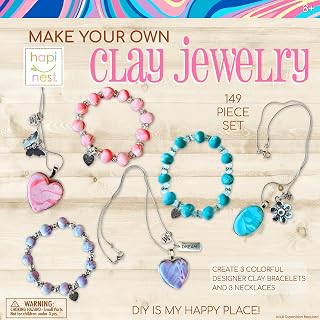 Hapinest DIY Polymer Clay Jewelry Making Kit for Girls - Create 3 Bracelets & 3 Necklaces with 8 Colors, Charms & Beads