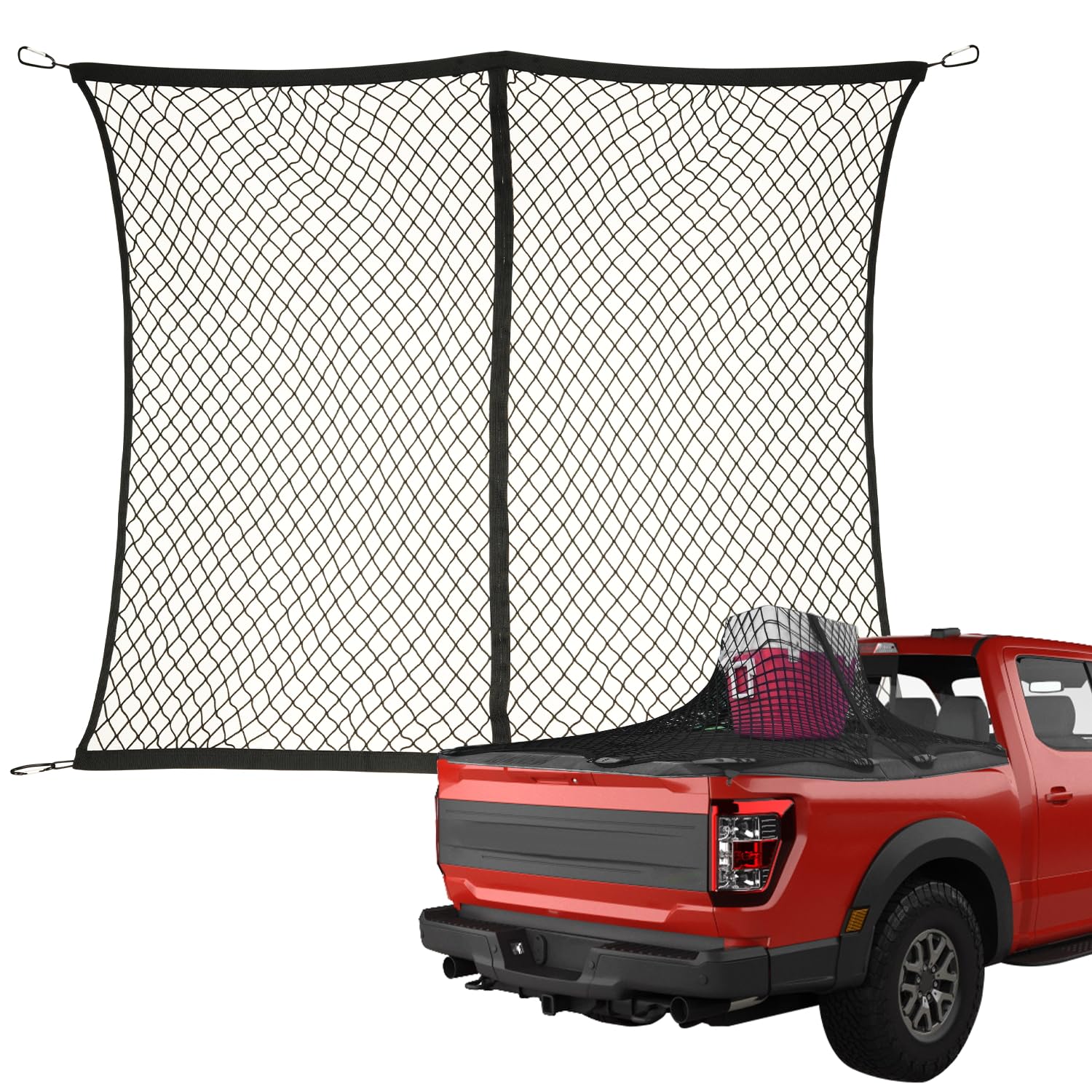 Amiss Cargo Net for Pickup Truck Bed, Highly-Elastic Heavy Duty Truck Bed Cargo Mesh Organizer, 4' x 4' Stretches to 7' x 7', Truck Bed Car Accessories for SUV, ATV, Truck and Boat Use (Double Layer)