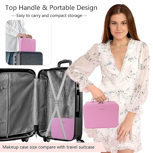 Miniatura 8 de WangSelect Bolsa de maquillaje de viaje con espejo iluminado, organizador de cosméticos portátil, estuche de tren con divisores ajustables y soporte