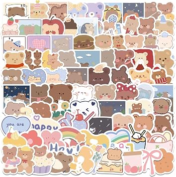 Amaxiu Cartoon Bear Stickers, 102 PCS Cute K-pop Bear Sticker Vinyl Bear Decals Waterproof Vinyl Stickers Kawaii Animal Sticker DIY Decorations for Laptop Water Bottles SkateboardStyle A