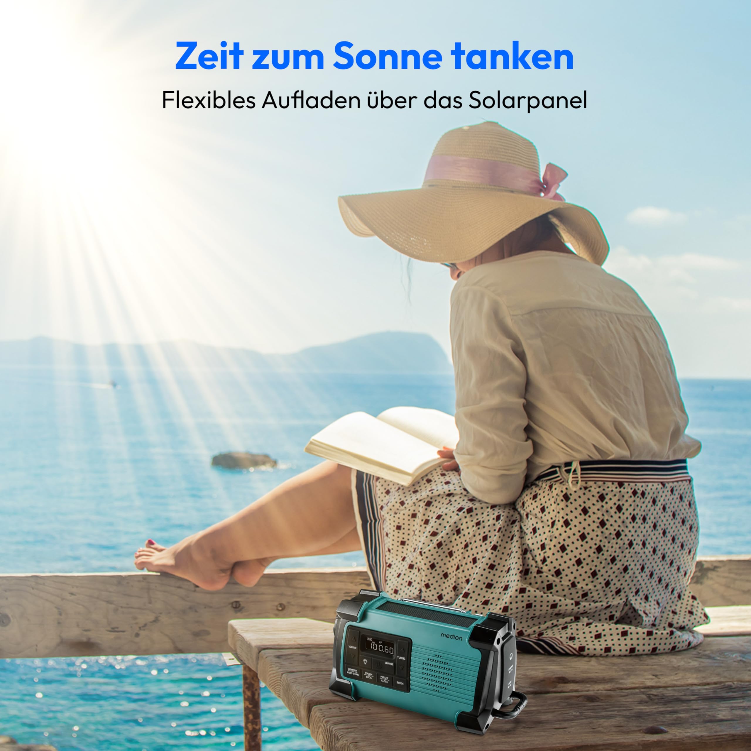 MEDION E66805 Kurbelradio (Solar, Dynamo Handkurbel, Baustellenradio, PLL UKW Radio, Taschenlampe IPX4 Spritzwasserschutz, SOS Notfall Funktion)