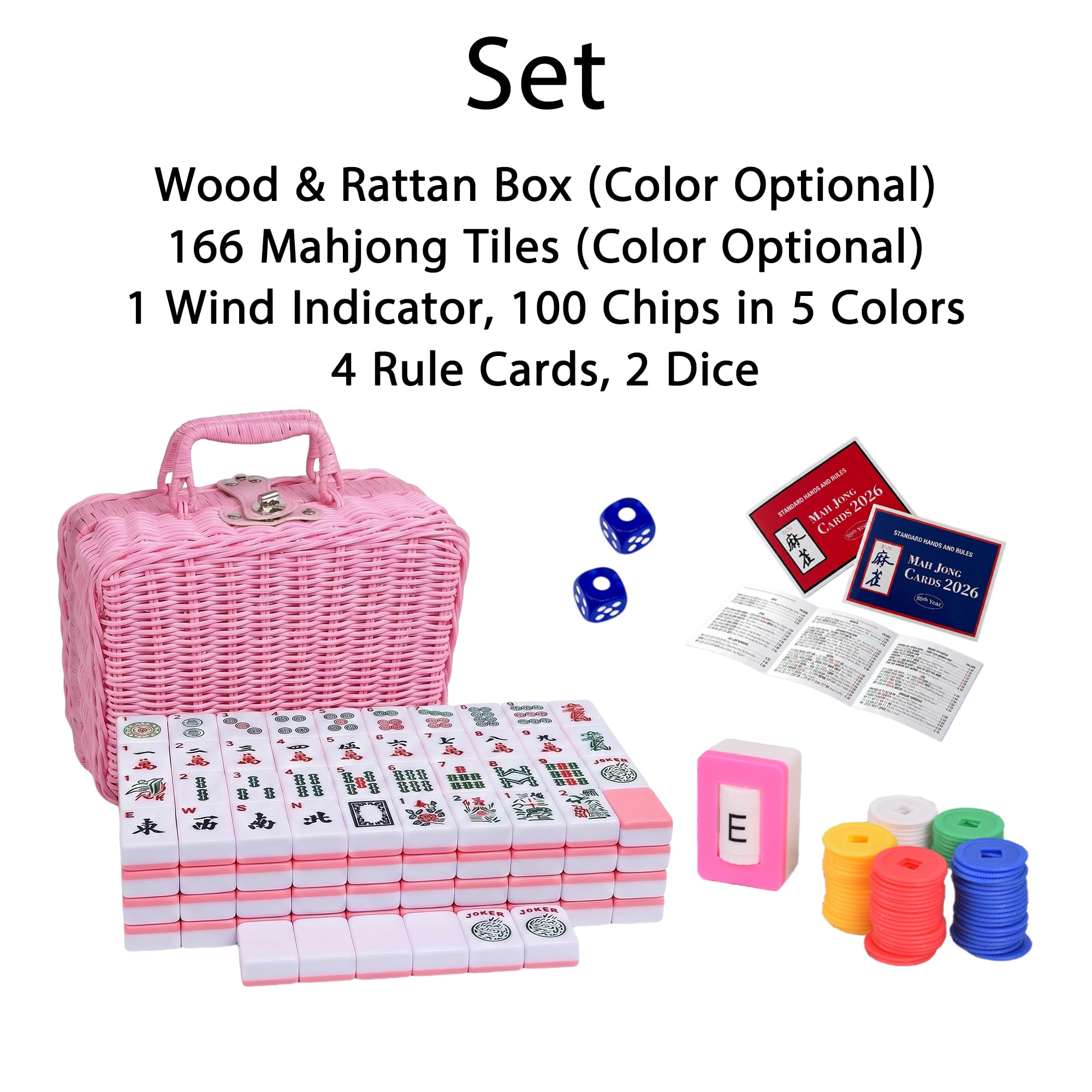 Juego de mahjong americano de 166 tejas, kit de mahjong de viaje con tarjetas de reglas, empujadores de azulejos y bolsa de almacenamiento, para los amantes del Mahjong