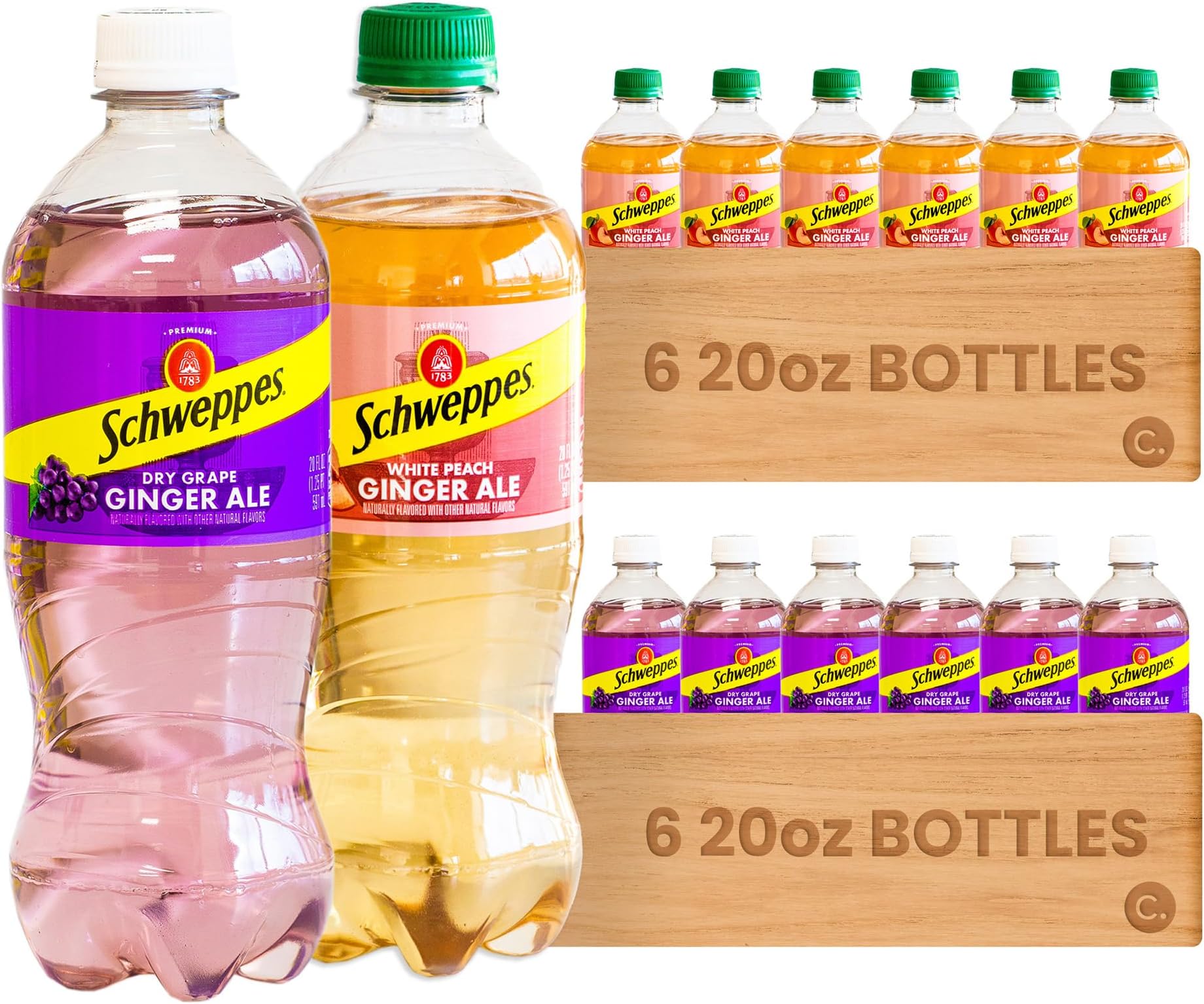 Schweppes White Peach Ginger Ale (6 bottles) - Dry Grape (6 bottles) - Variety Pack - Refreshingly Delicious - 12, 20oz Bottles