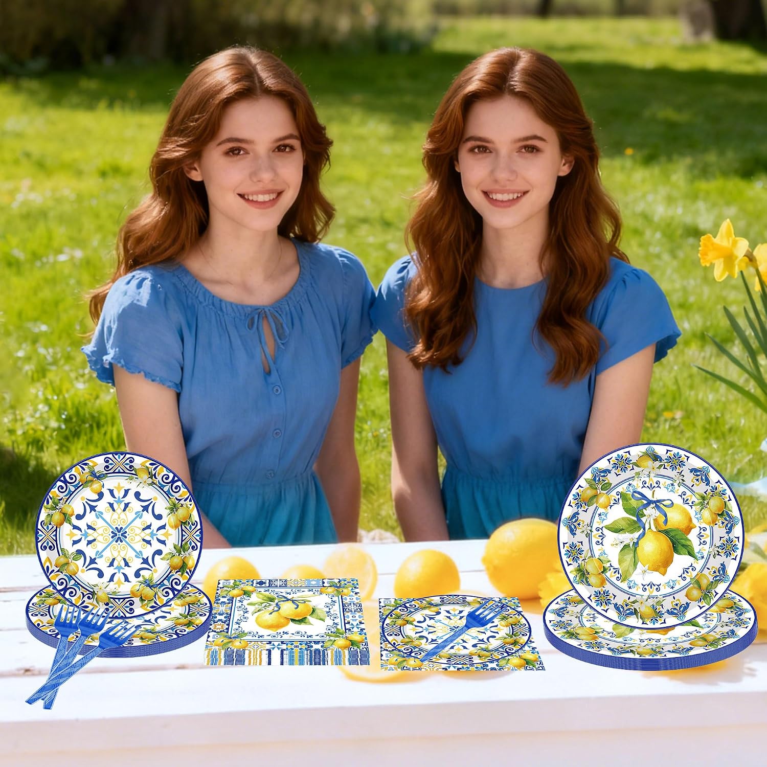 96 Pcs Cappri Lemon Party Decorations, Mediterranean Disposable Dinnerware Set, Sicilian Lemon Plates, Napkins & Forks for 24 Guests, Summer Wedding/Bridal Shower Table Decor