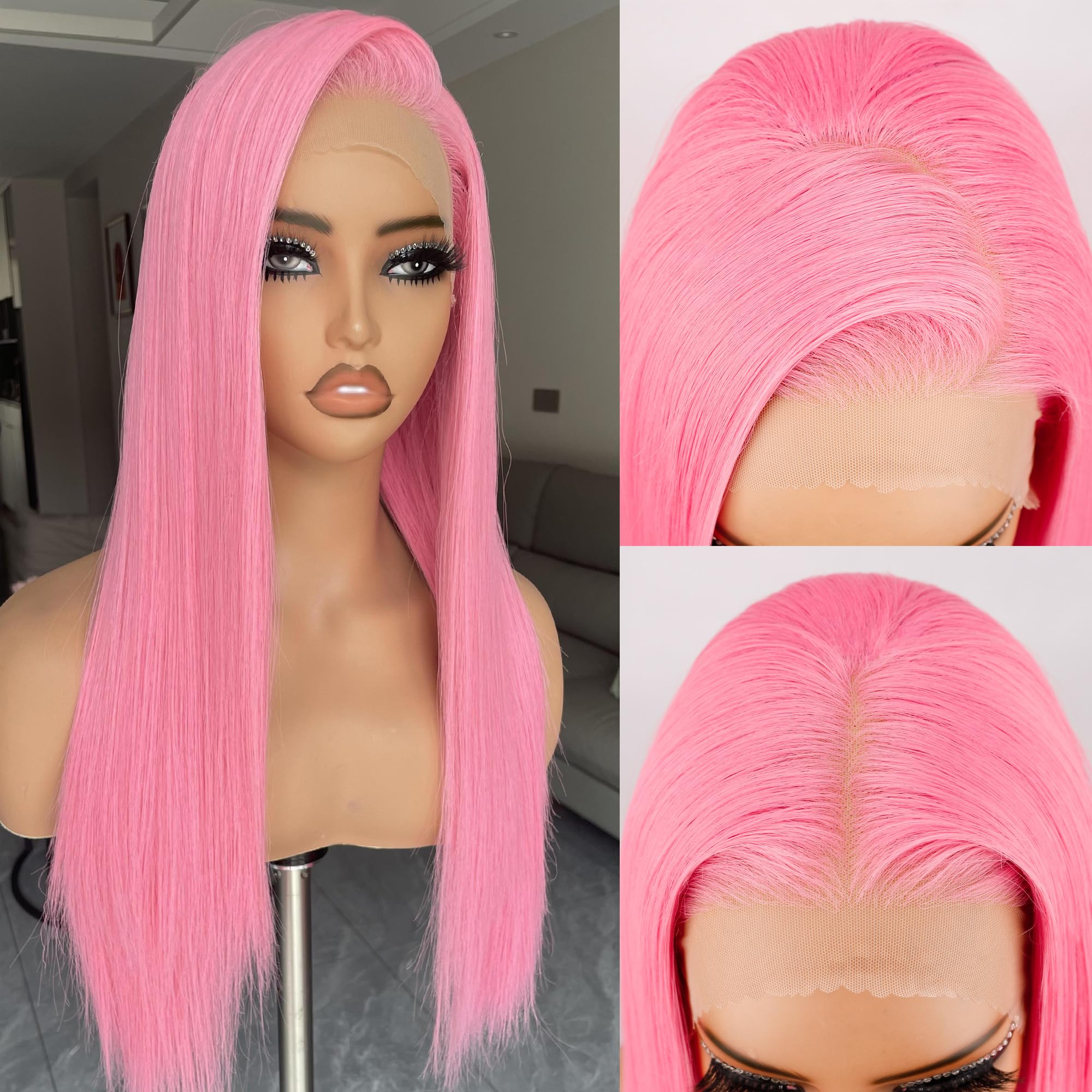 BLL Pink Wig, 13x4 Synthetic Lace Front Wig Pre-Plucked Glueless Long Silk Straight Wigs With Baby Hair Natural Density Ready to Wear Wigs For Women
