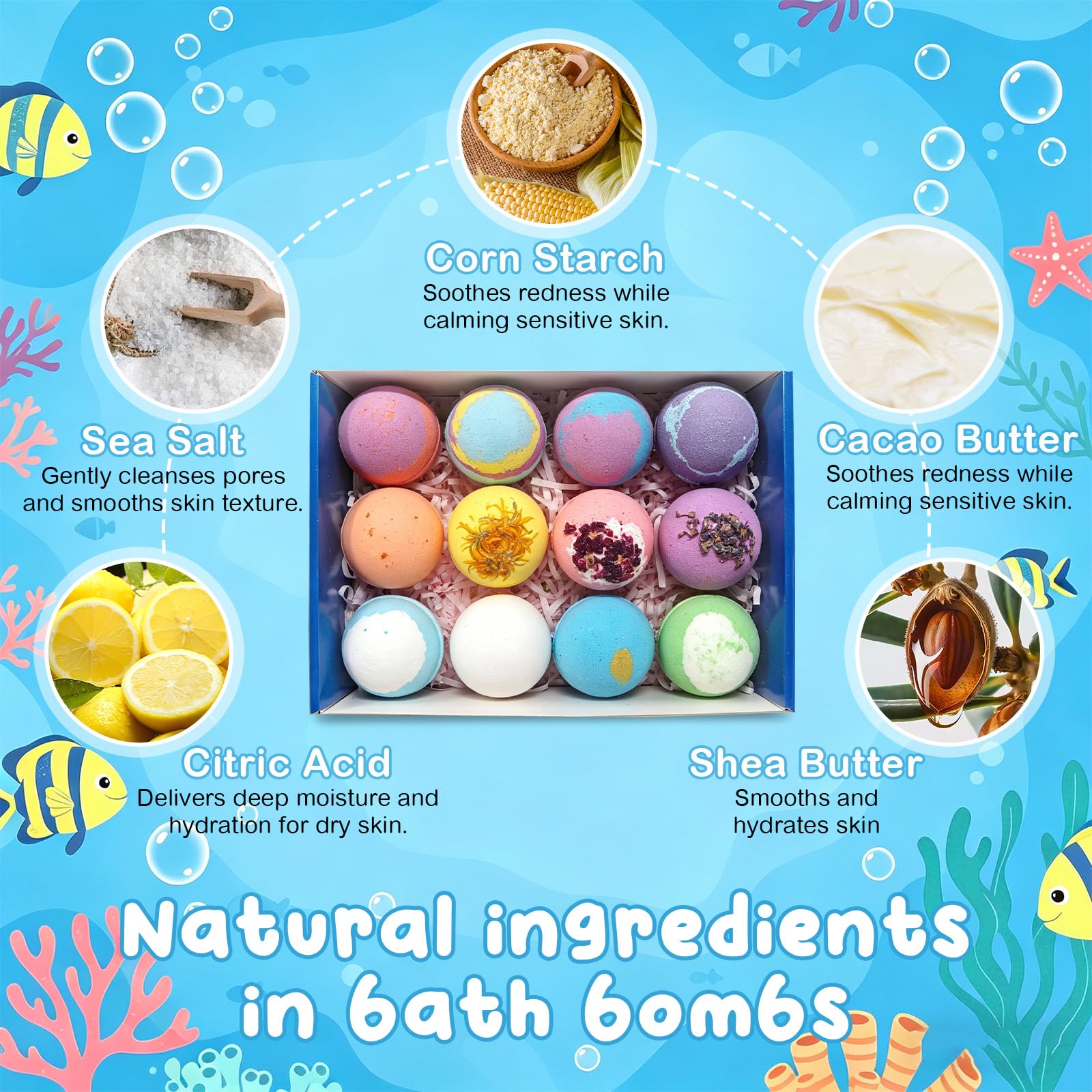 Bath Bombs with Toys Inside, 12-Piece Ocean-Themed Bath Salt Balls for Kids