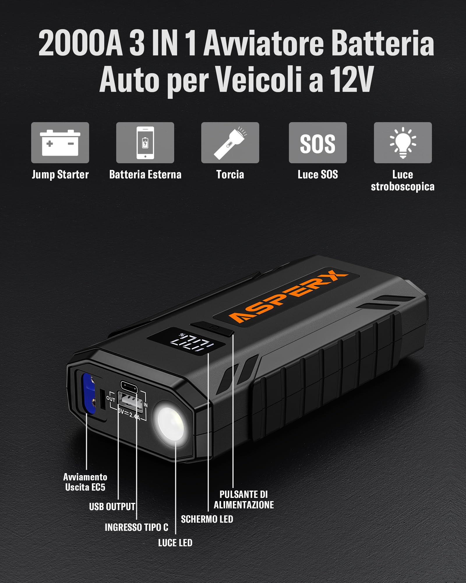 AsperX Avviatore Batteria Auto 2000A, Avviatore Batterie per Auto Portatile da 12 V (Fino a 8,0 L Gas o 6,5 L Diesel), Avviatore Auto con Lampada LED e Schermo LCD da 1,4 Pollici
