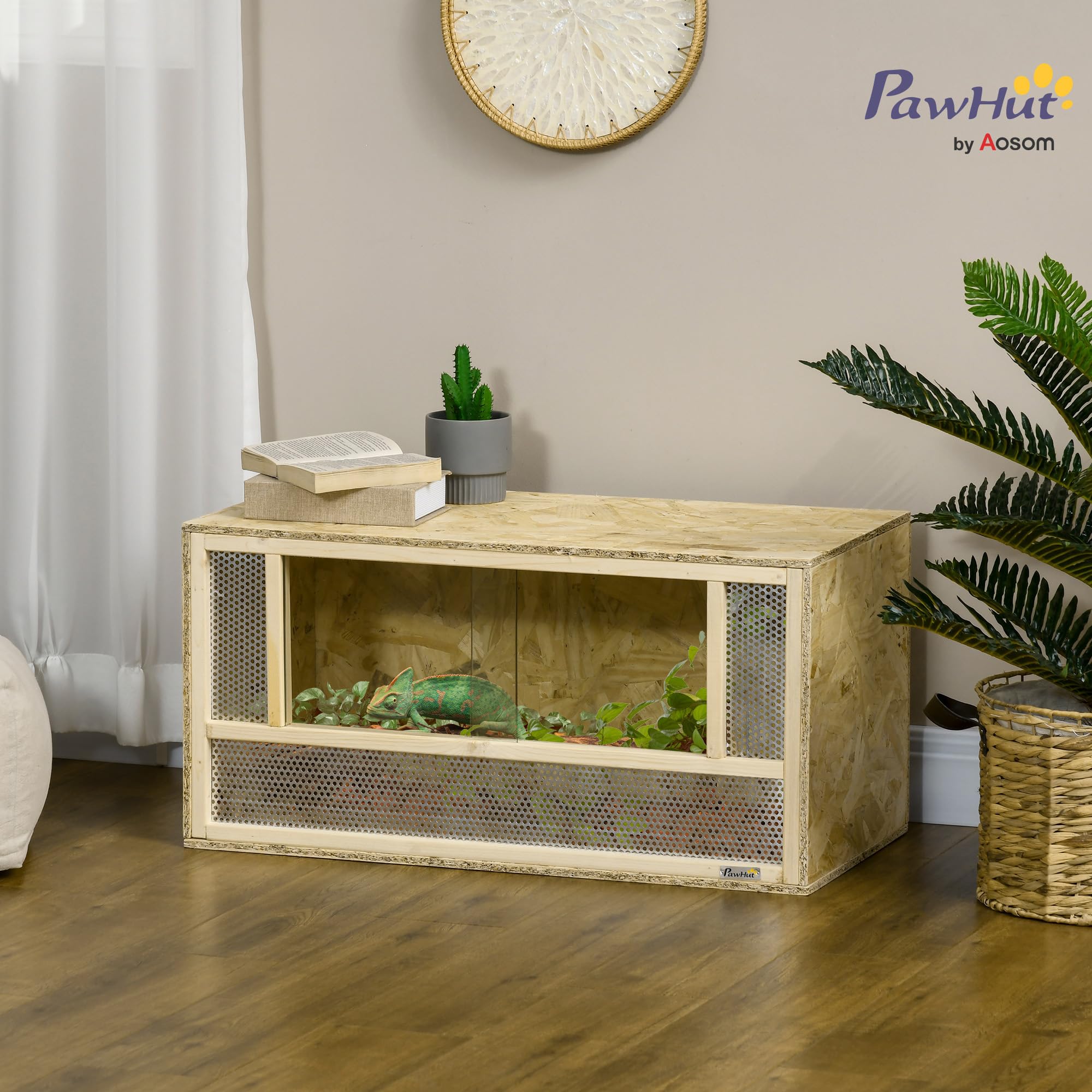 PawHut Terrario per Rettili in Legno, Teca per Rettili con Pannelli in Rete e Porte in Vetro Scorrevoli, Rettilario Multiuso, per Camaleonte, Lucertole, Serpente, 40x80x40 cm