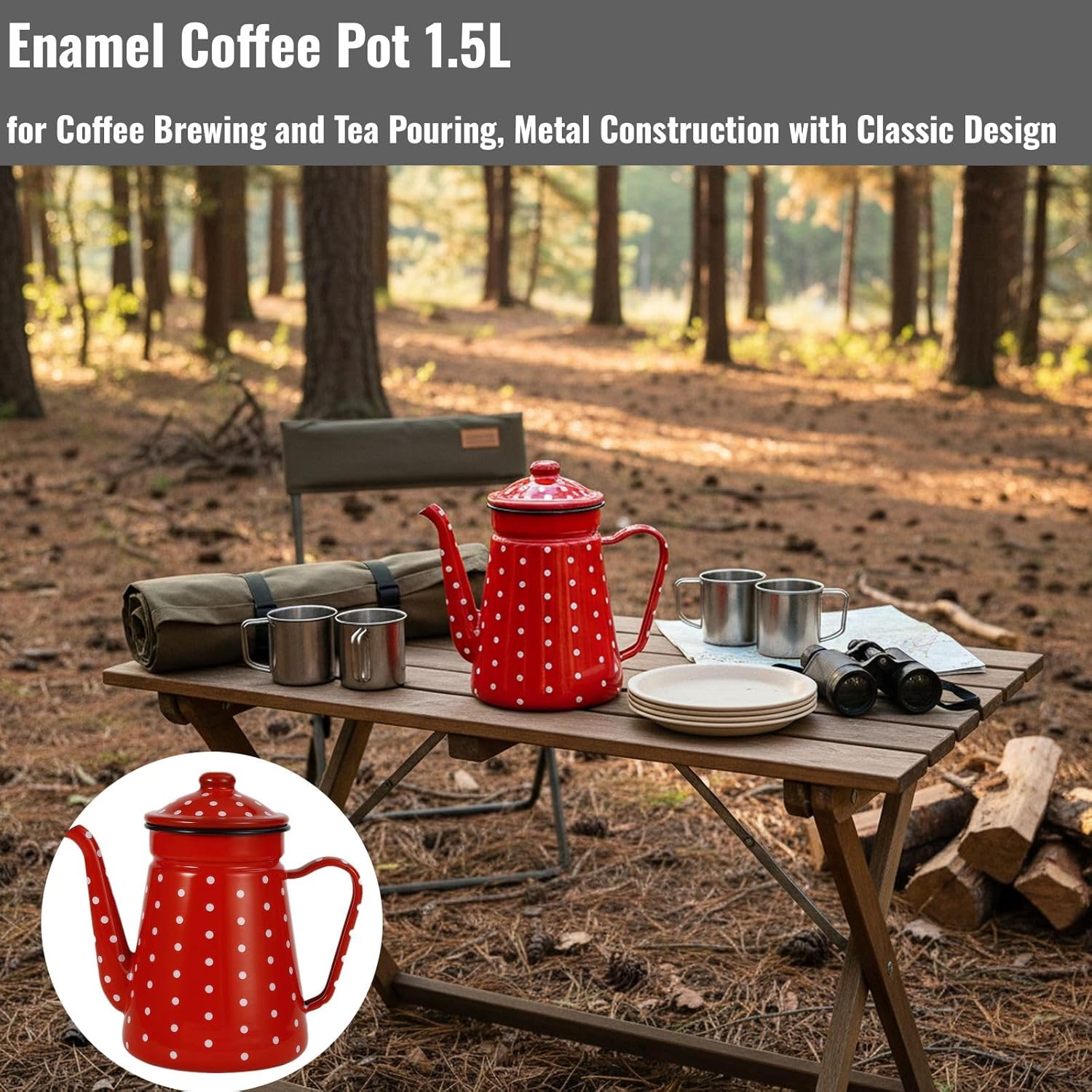 Enamel Coffee Pot 1.5L for Camping and Home Use, Vintage-Style Metal Tea Pot with Smooth Spout, Drip-Resistant Handle for Pouring