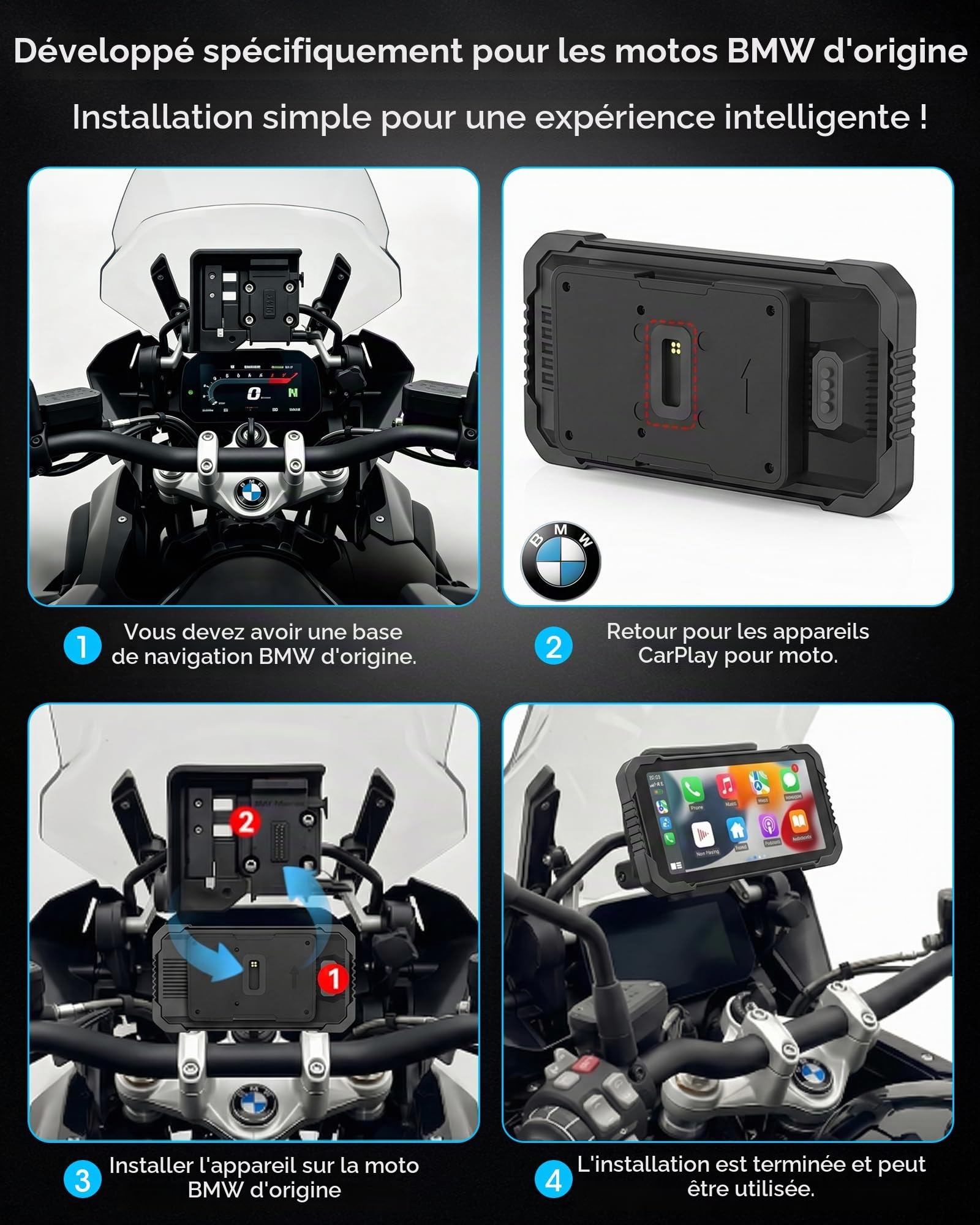 Installation Rapide Écran Carplay pour Motos BMW Écran Tactile 6,25 Pouces | Compatible avec CarPlay et Android Auto Entièrement étanche, Navigation GPS, Double Bluetooth, Plug-and-Play