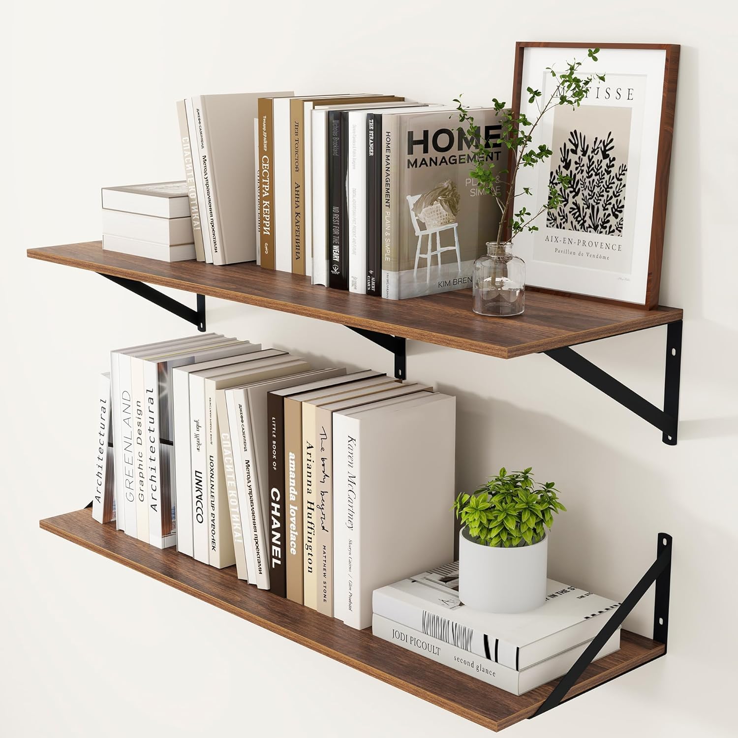 Heimlove 12 Inch Deep Floating Shelves for Wall, 36W x 12D Wood Wall Shelves Set of 2, Walnut Wide Floating Bookshelf for Living Room, Kitchen, Office, Bedroom, with Black Metal Bracke - Walnut