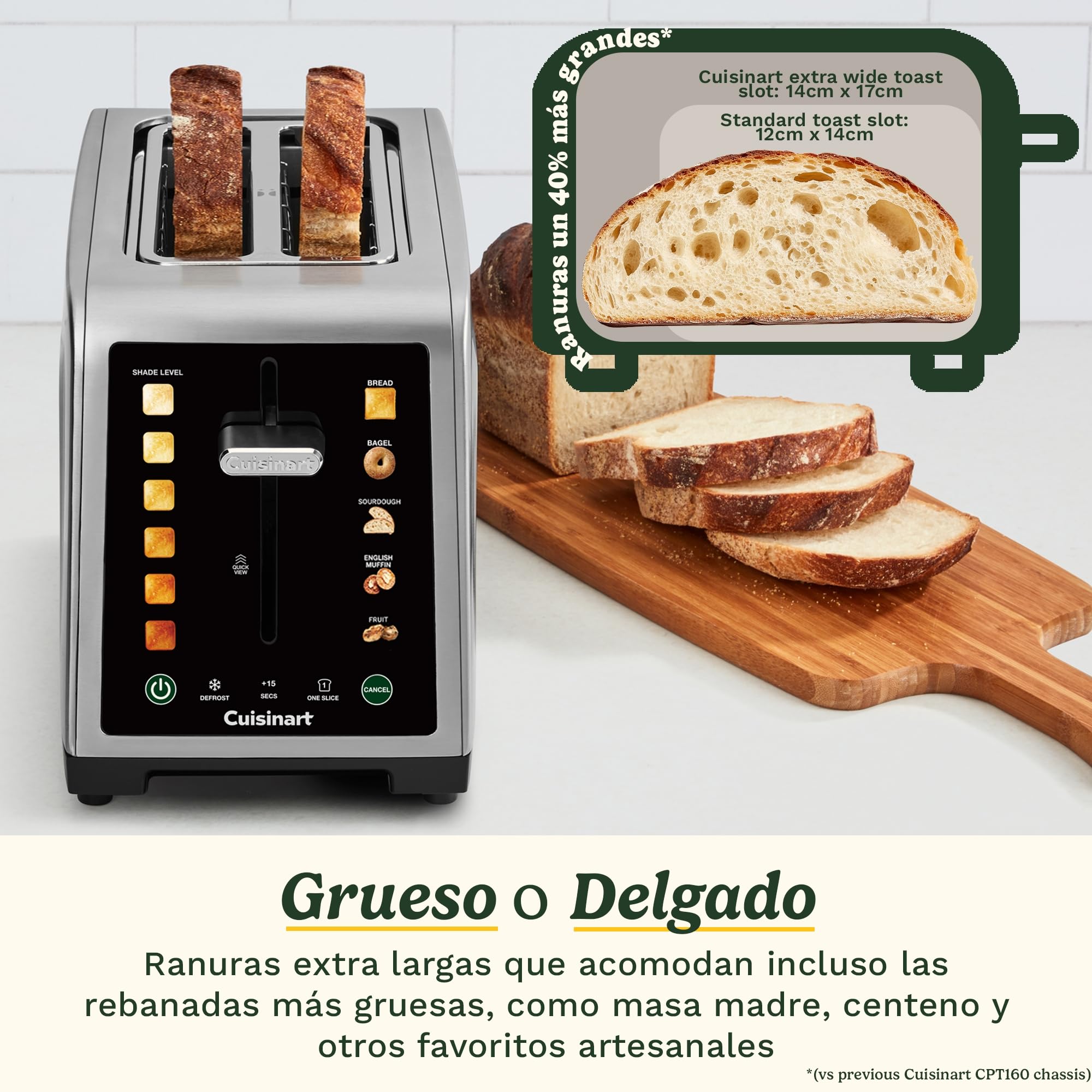 Cuisinart SimpliTouch XL Tostadora 2 Rebanadas | Ranuras XL | Pantalla Táctil | High-Lift QuickView™ | Programas Pan, Bagel, Masa Madre | Funciones Descongelar, Boost +15s | Acero Inoxidable