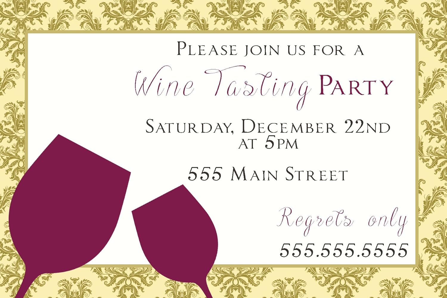 30 Invitations Gold Vintage Damask Design Wine Tasting Party Personalized Cards + 30 White Envelopes